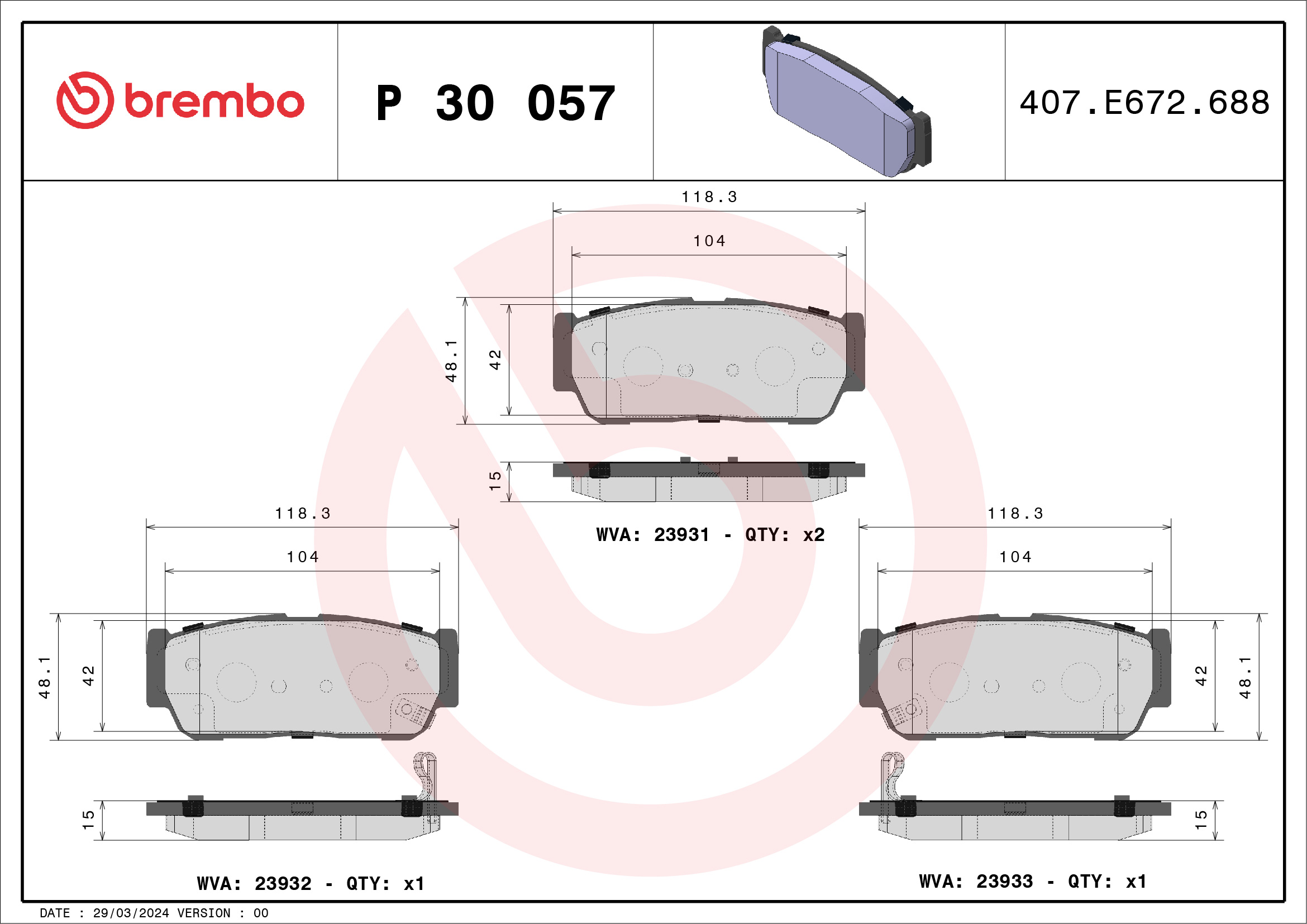 Brake Pad Set, disc brake - P 30 057 BREMBO