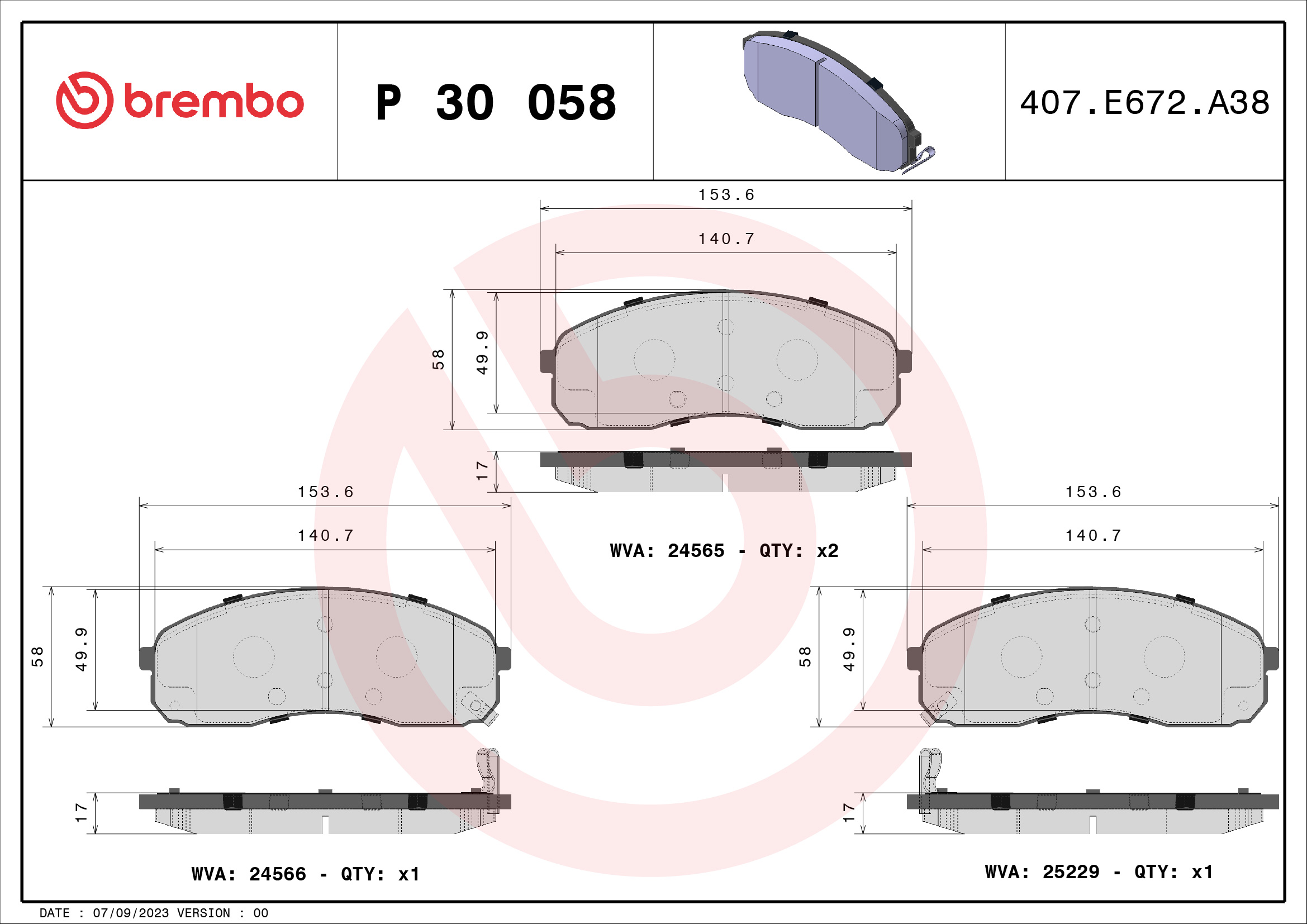 Brake Pad Set, disc brake - P 30 058 BREMBO