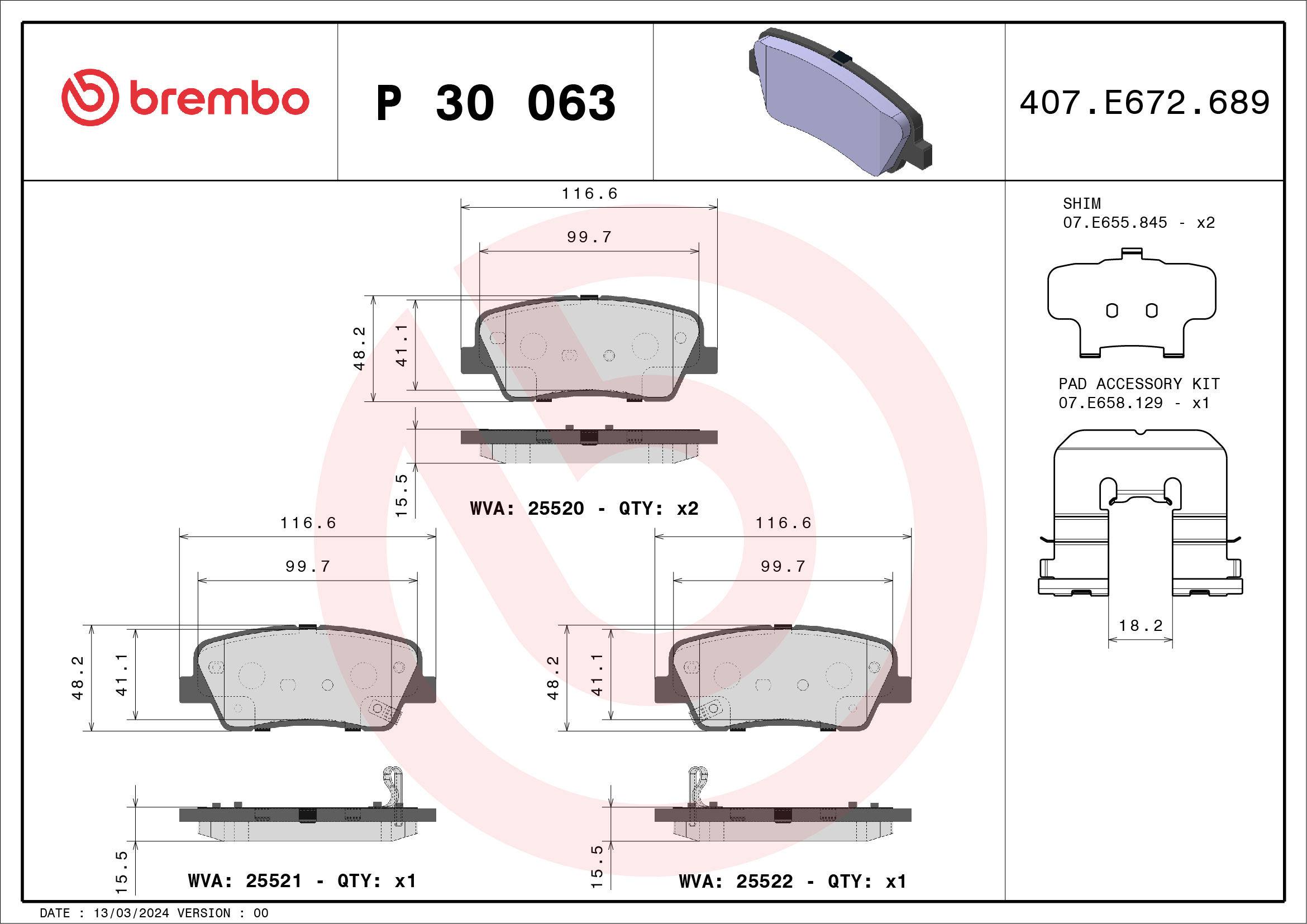 Комплект тормозных колодок, дисковый тормоз - P 30 063 BREMBO