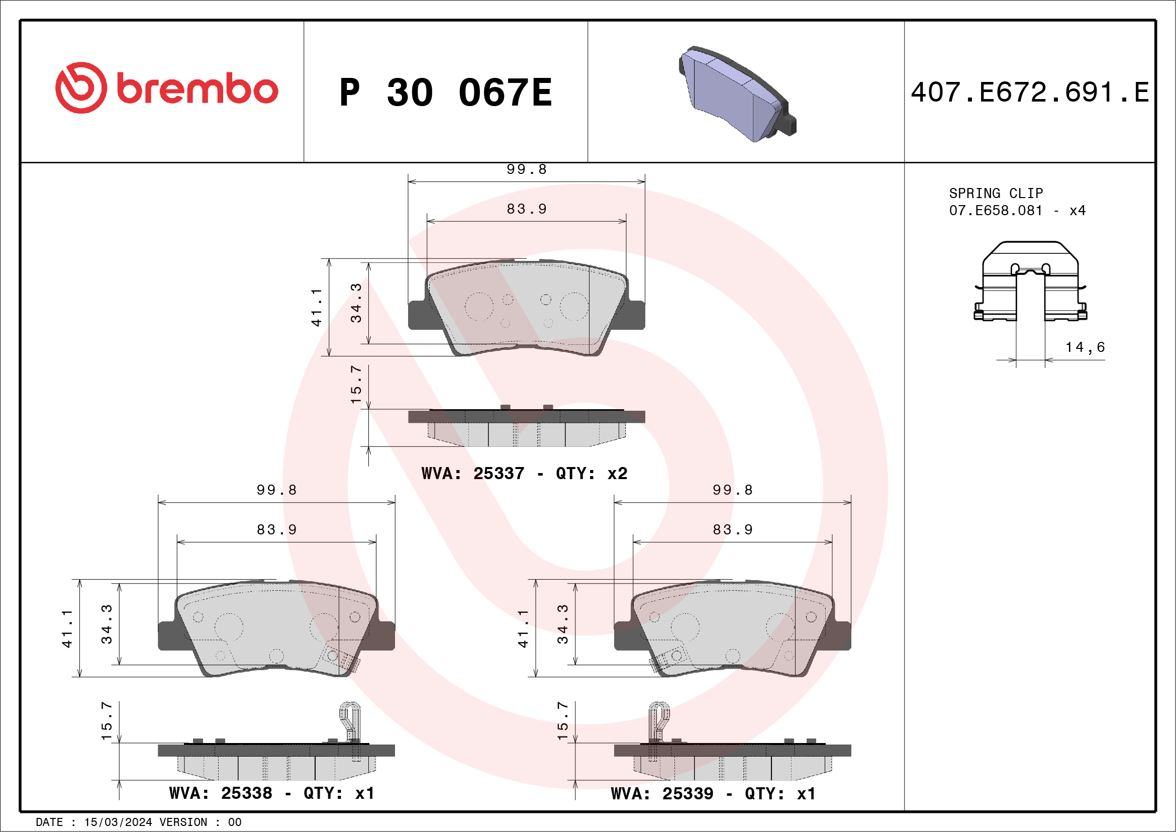 Brake Pad Set, disc brake - P 30 067E BREMBO