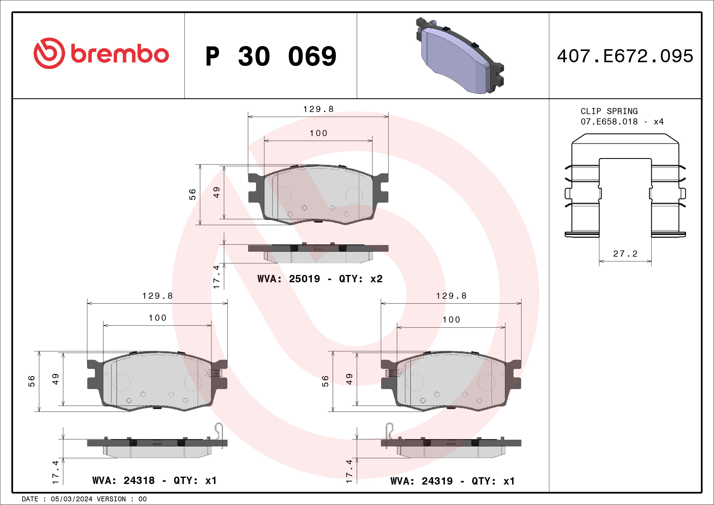 Brake Pad Set, disc brake - P 30 069 BREMBO
