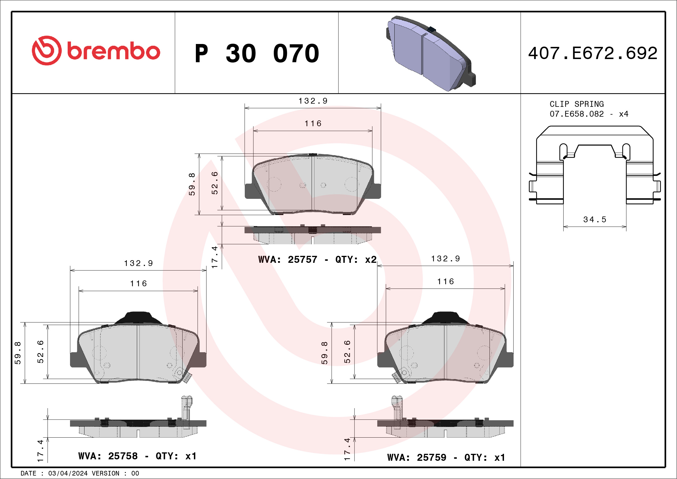 Комплект тормозных колодок, дисковый тормоз - P 30 070 BREMBO