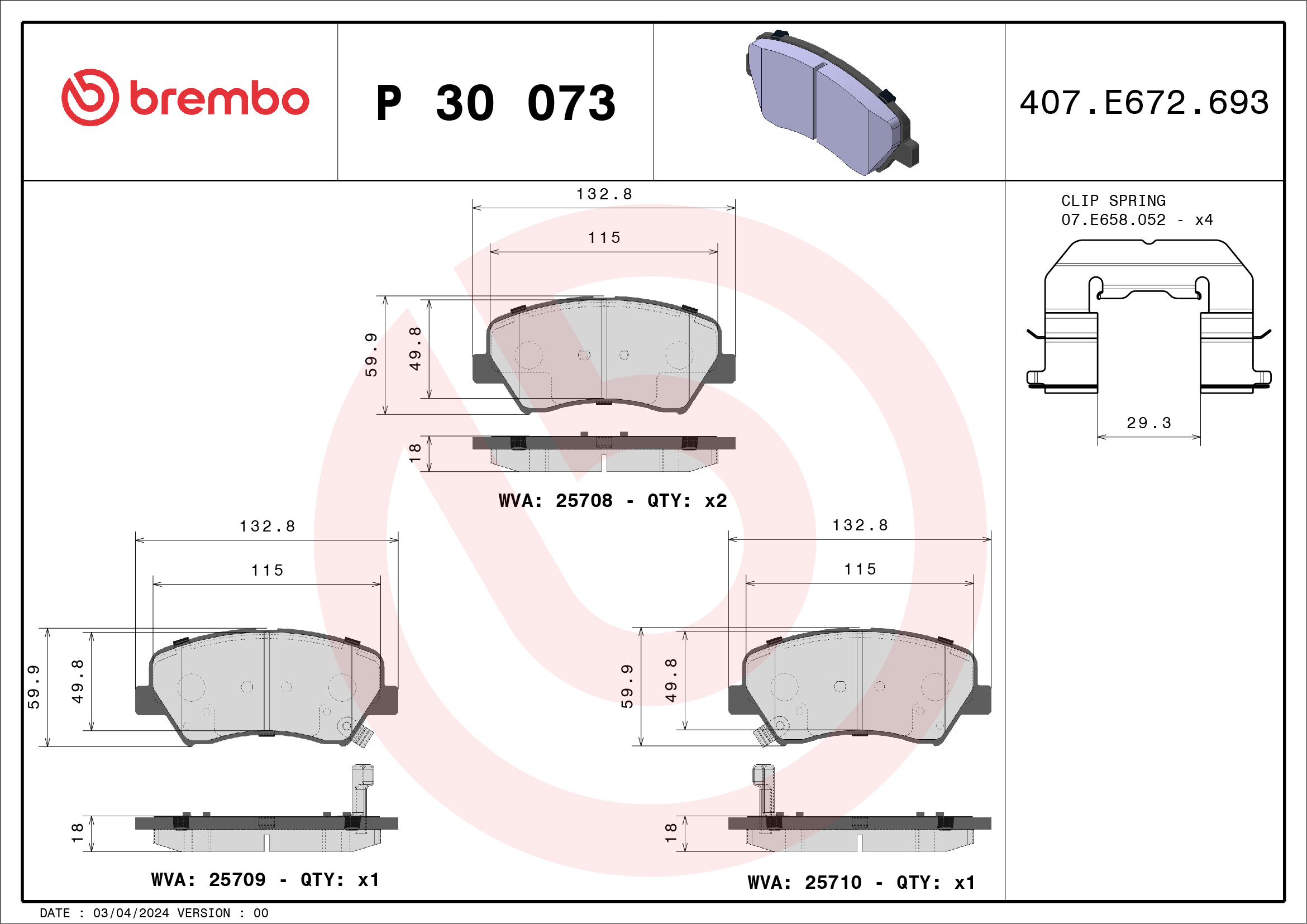 Brake Pad Set, disc brake - P 30 073 BREMBO
