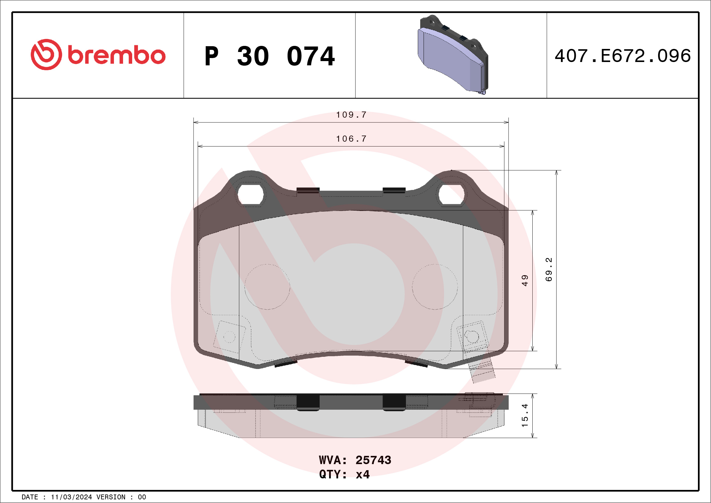 Brake Pad Set, disc brake - P 30 074 BREMBO