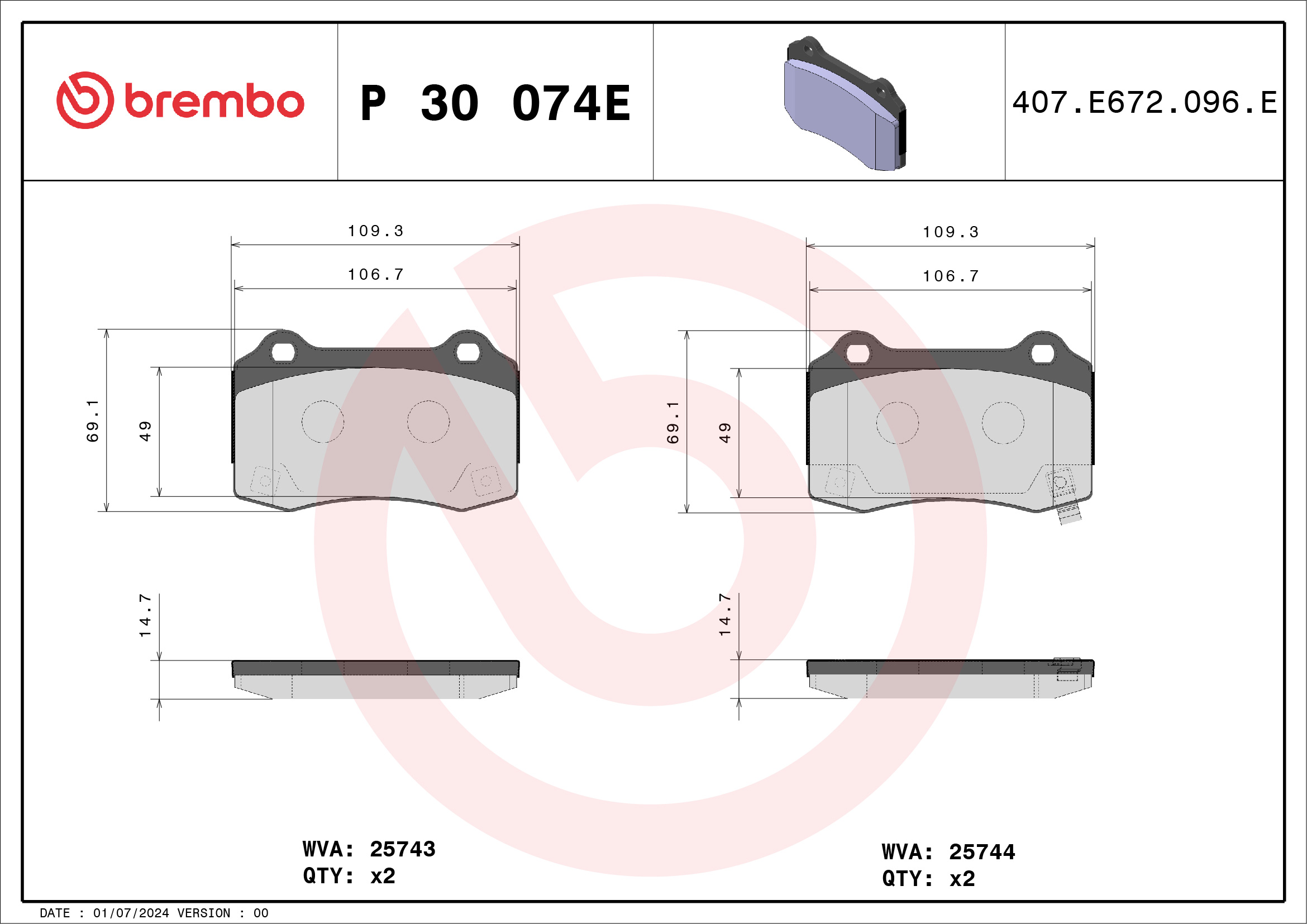 Комплект тормозных колодок, дисковый тормоз - P 30 074E BREMBO