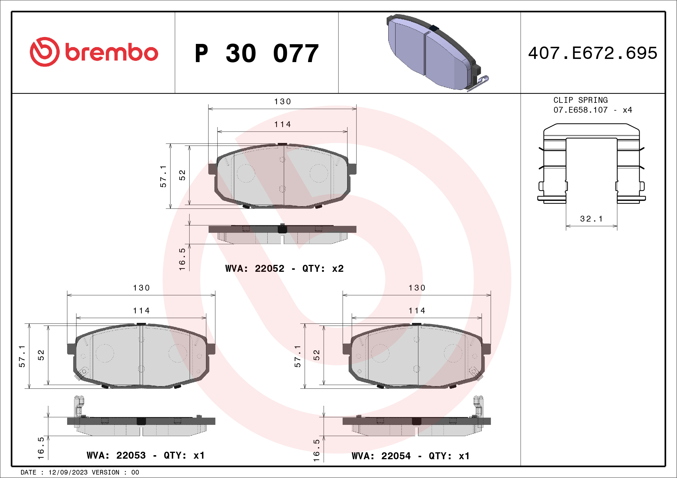 Комплект тормозных колодок, дисковый тормоз - P 30 077 BREMBO