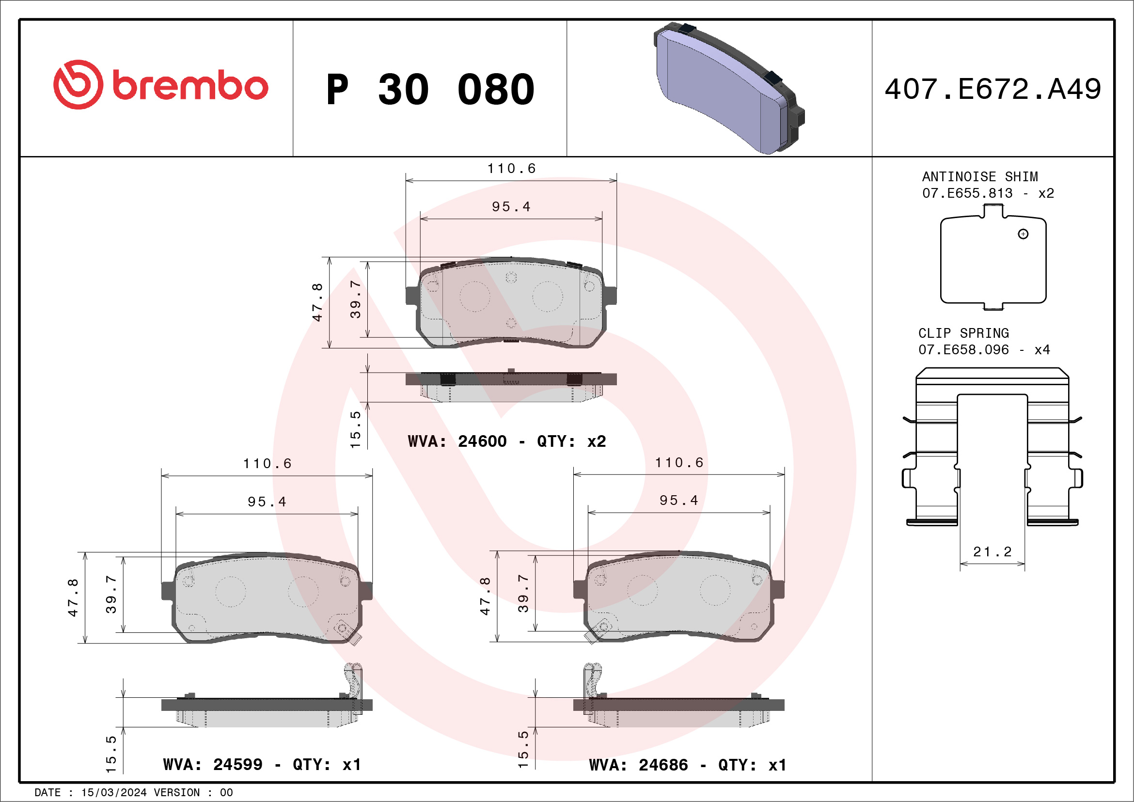 Kit pastiglie freno, Freno a disco - P 30 080 BREMBO