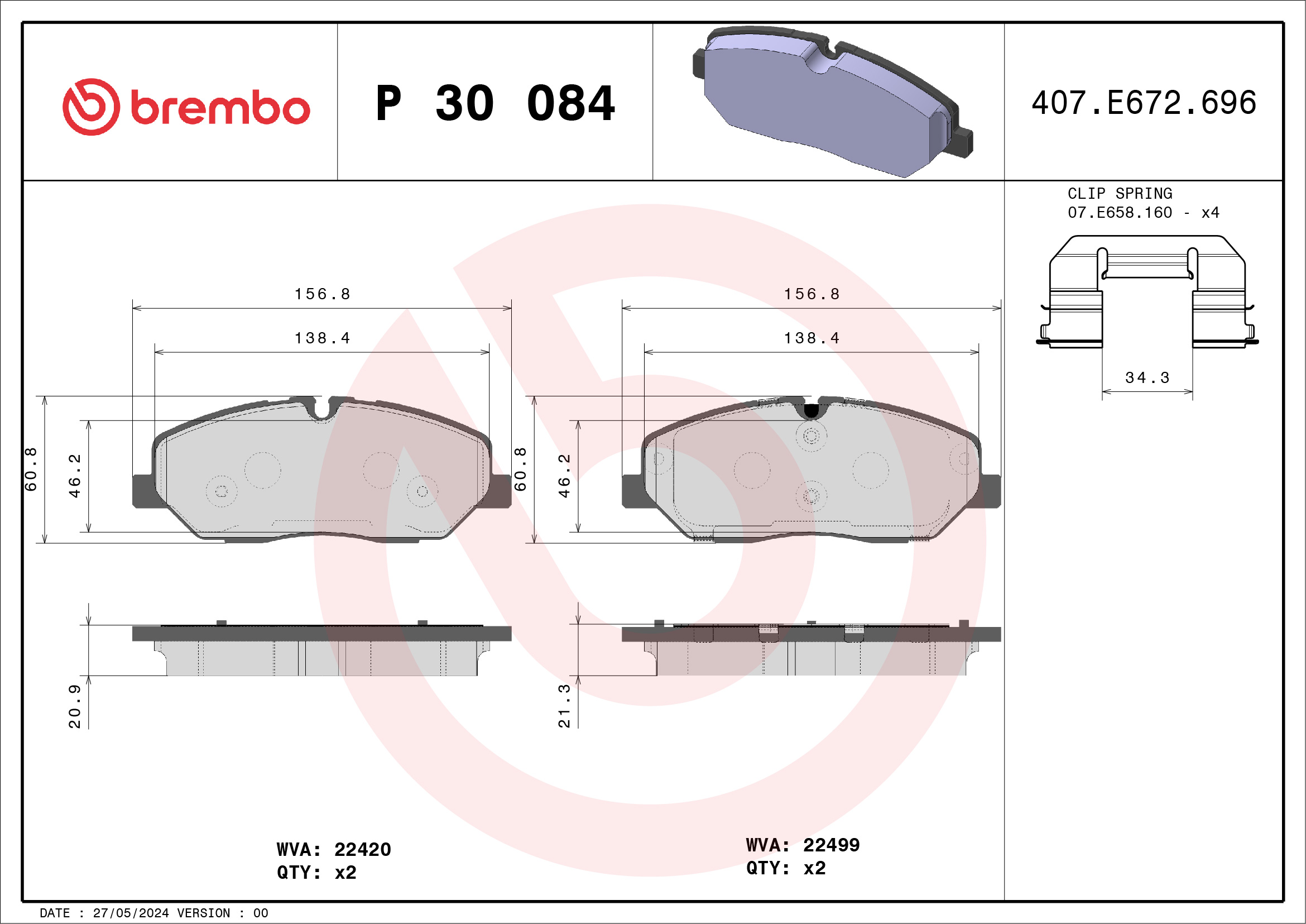 Kit pastiglie freno, Freno a disco - P 30 084 BREMBO