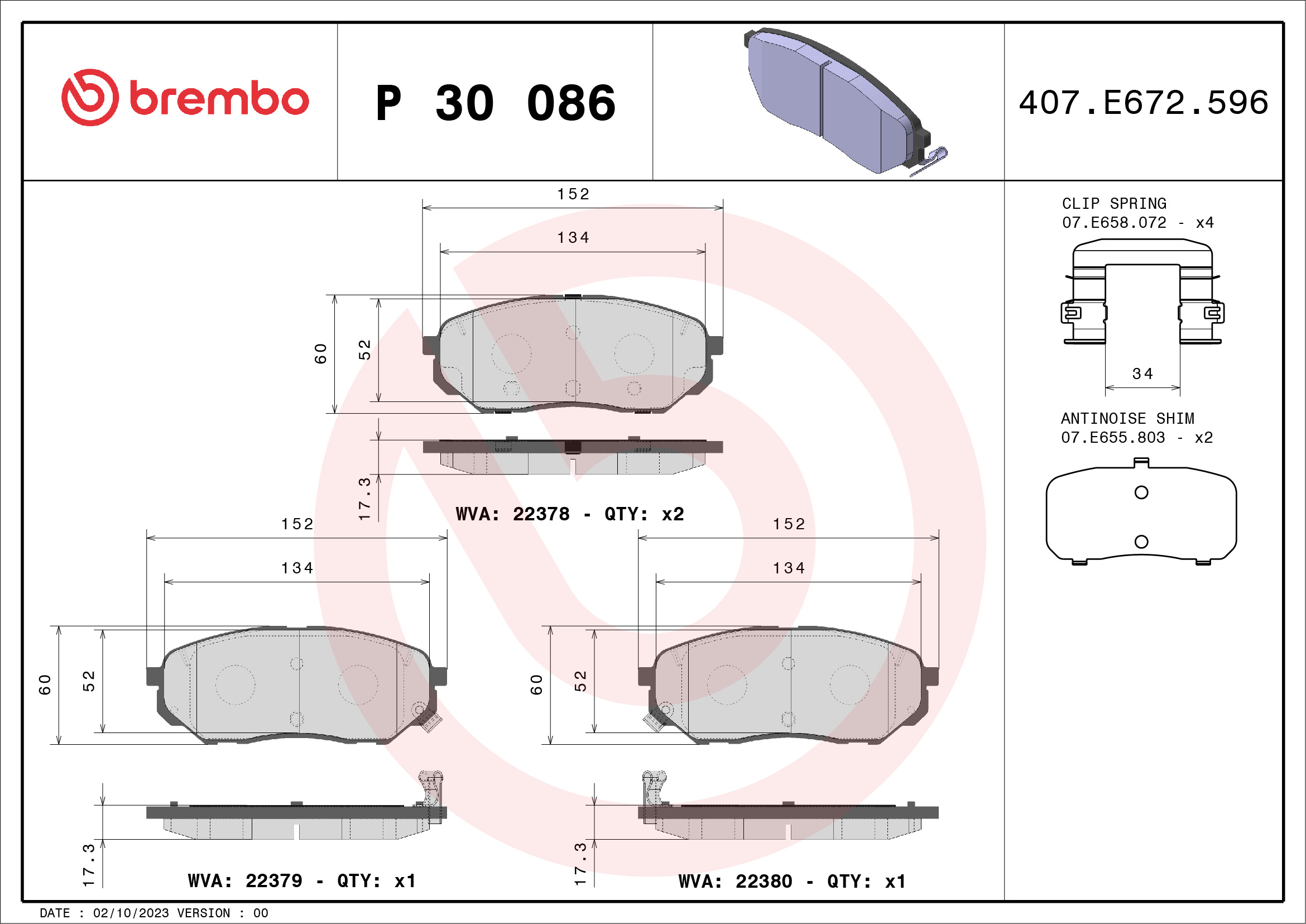 Brake Pad Set, disc brake - P 30 086 BREMBO