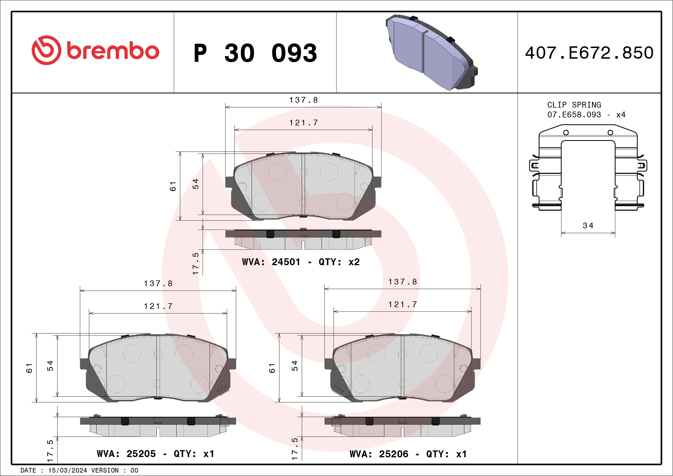 Комплект тормозных колодок, дисковый тормоз - P 30 093 BREMBO