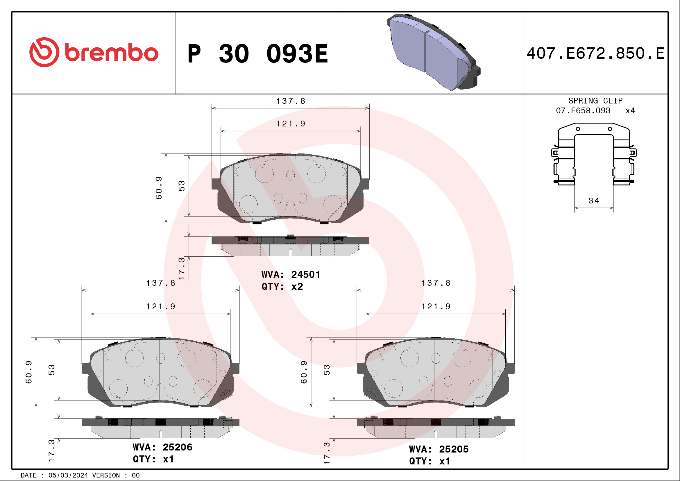 Brake Pad Set, disc brake - P 30 093E BREMBO