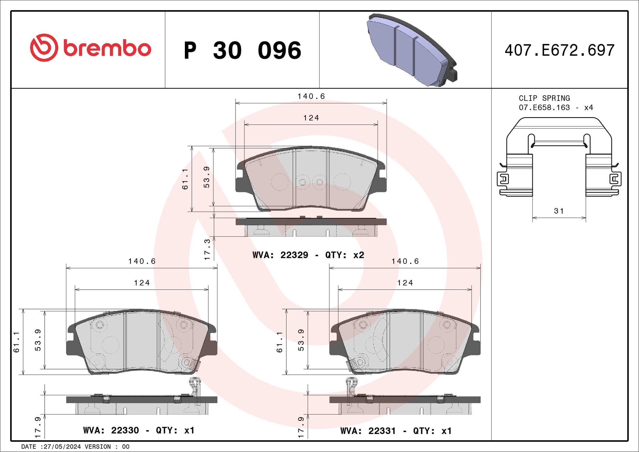Brake Pad Set, disc brake - P 30 096 BREMBO