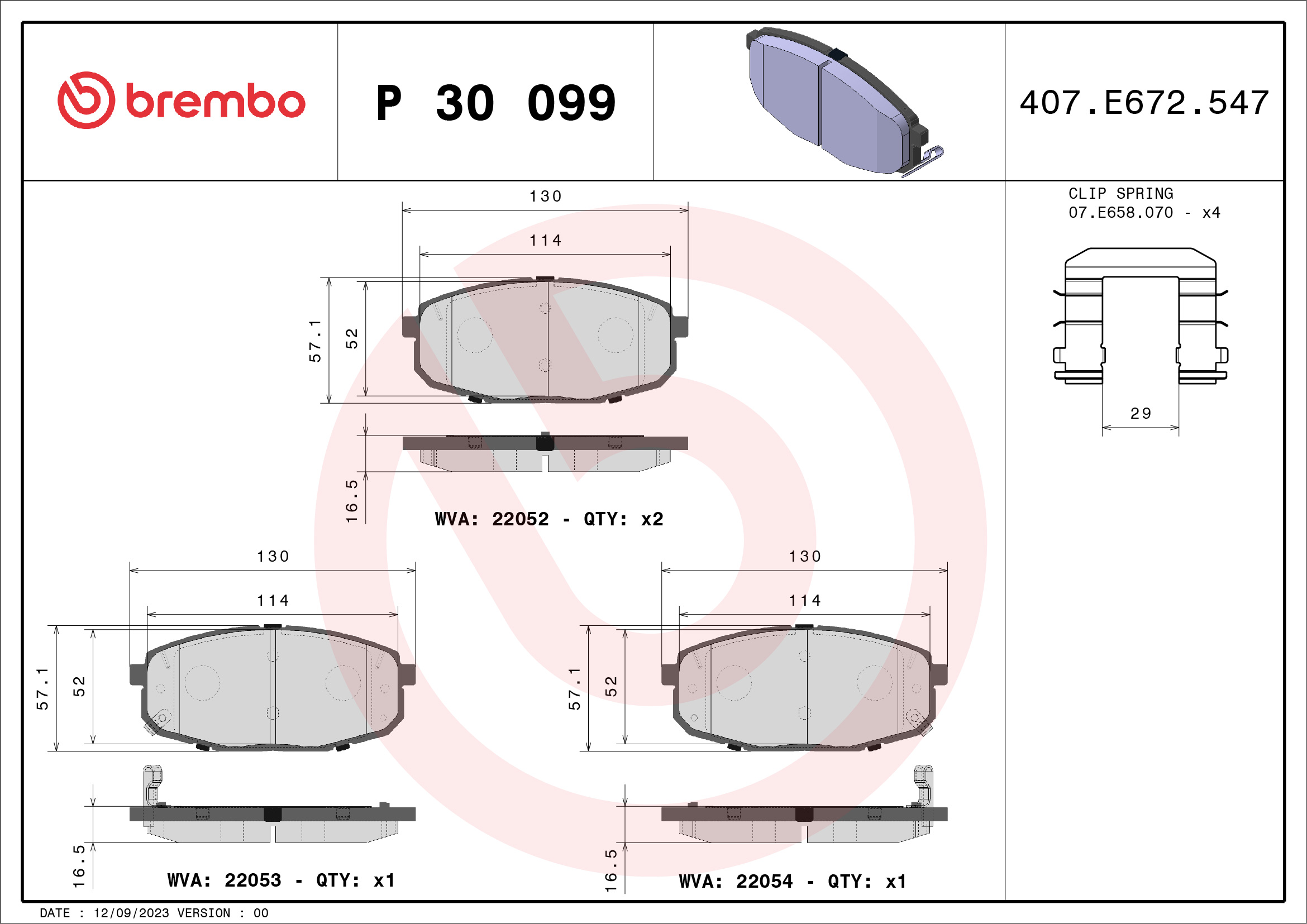 Комплект тормозных колодок, дисковый тормоз - P 30 099 BREMBO