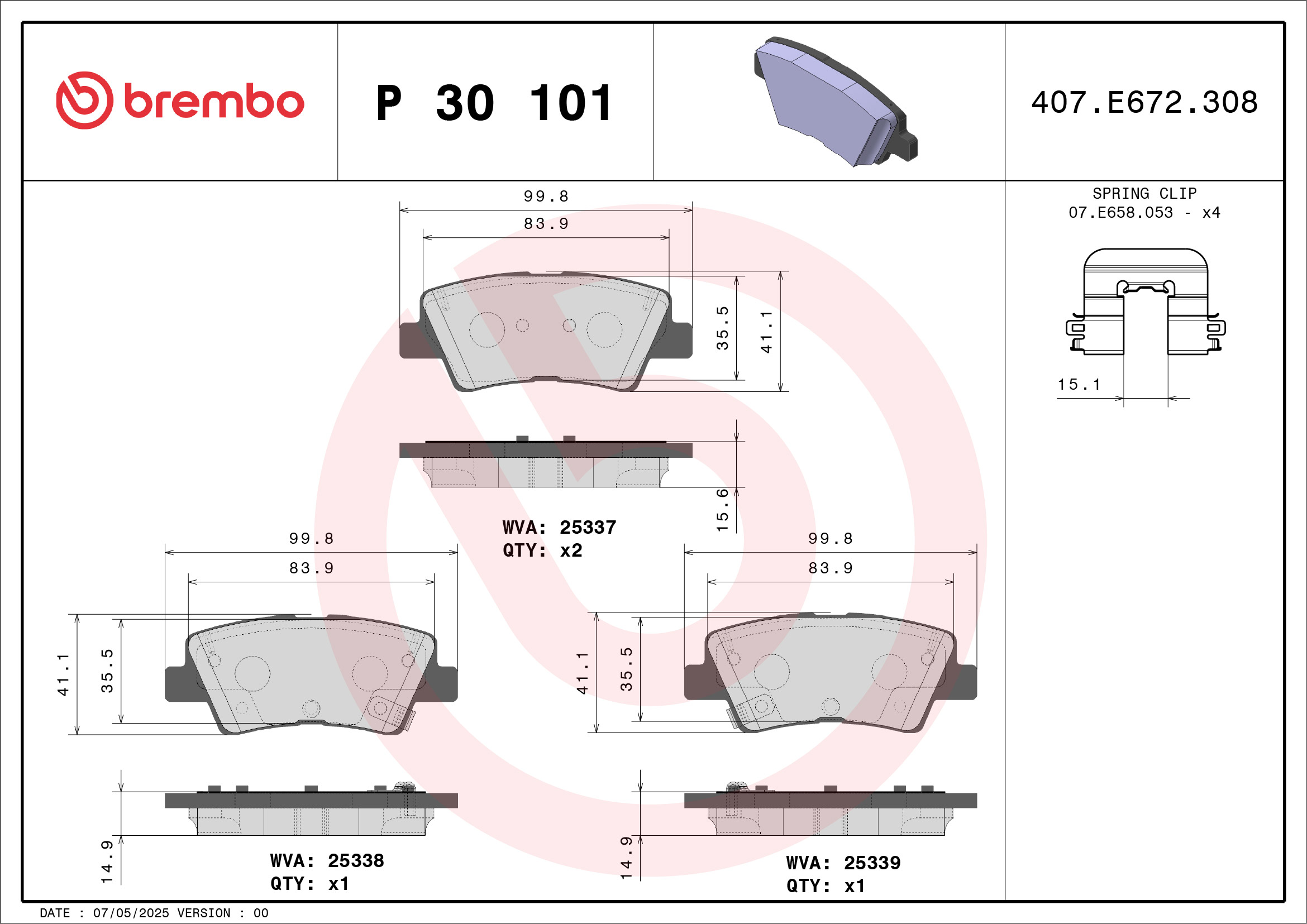 Комплект тормозных колодок, дисковый тормоз - P 30 101 BREMBO