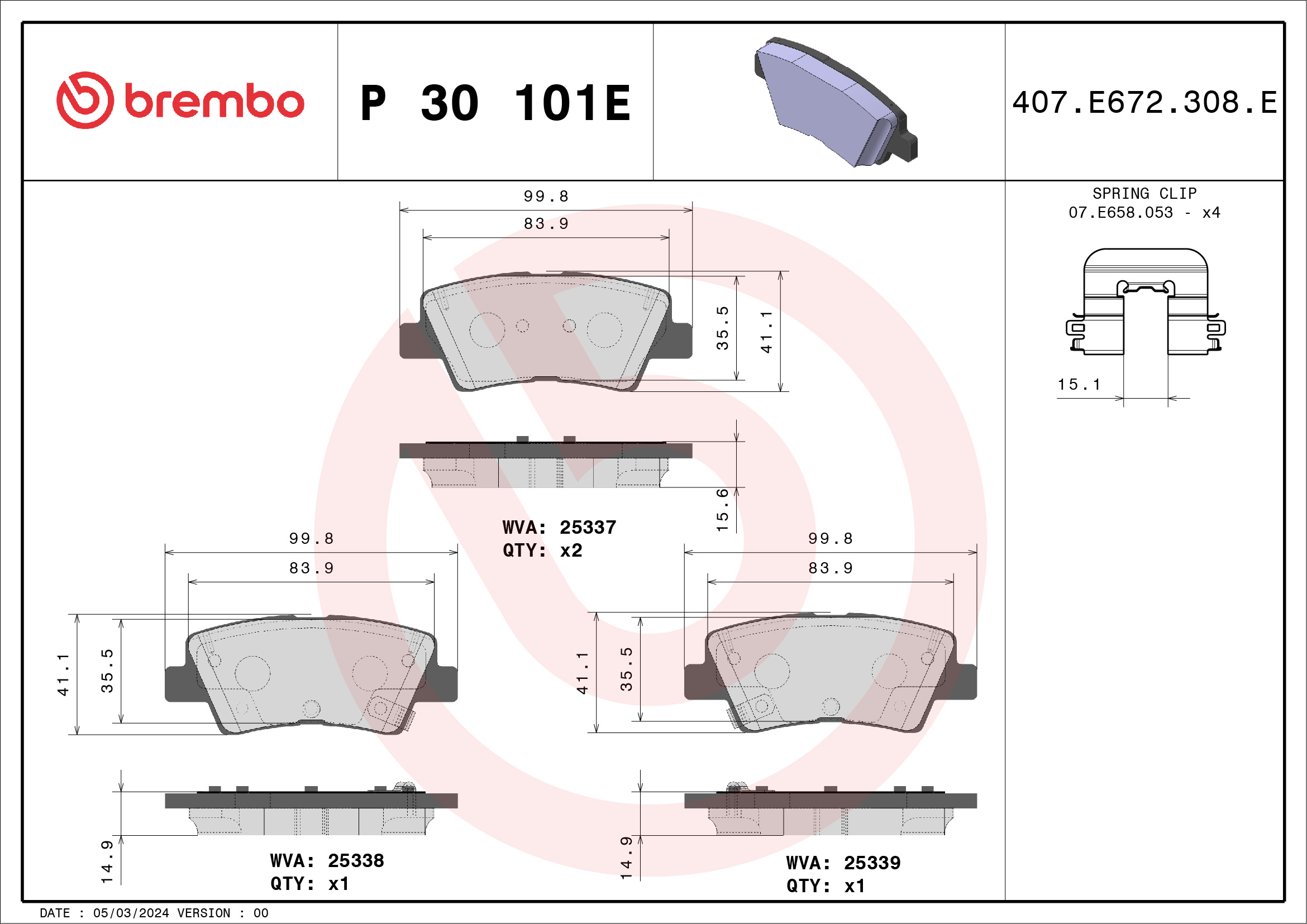Brake Pad Set, disc brake - P 30 101E BREMBO