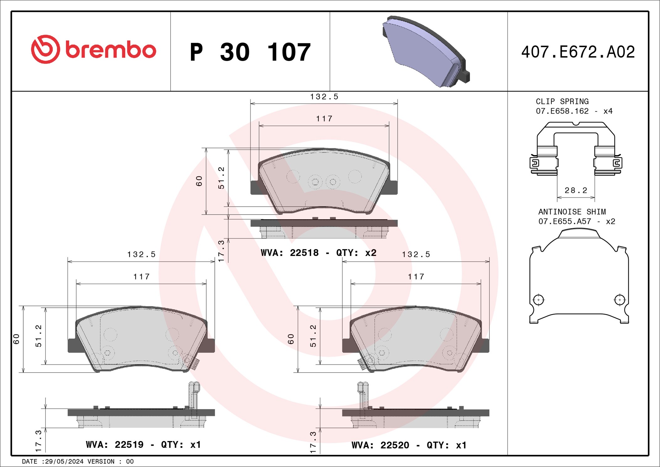 Brake Pad Set, disc brake - P 30 107 BREMBO