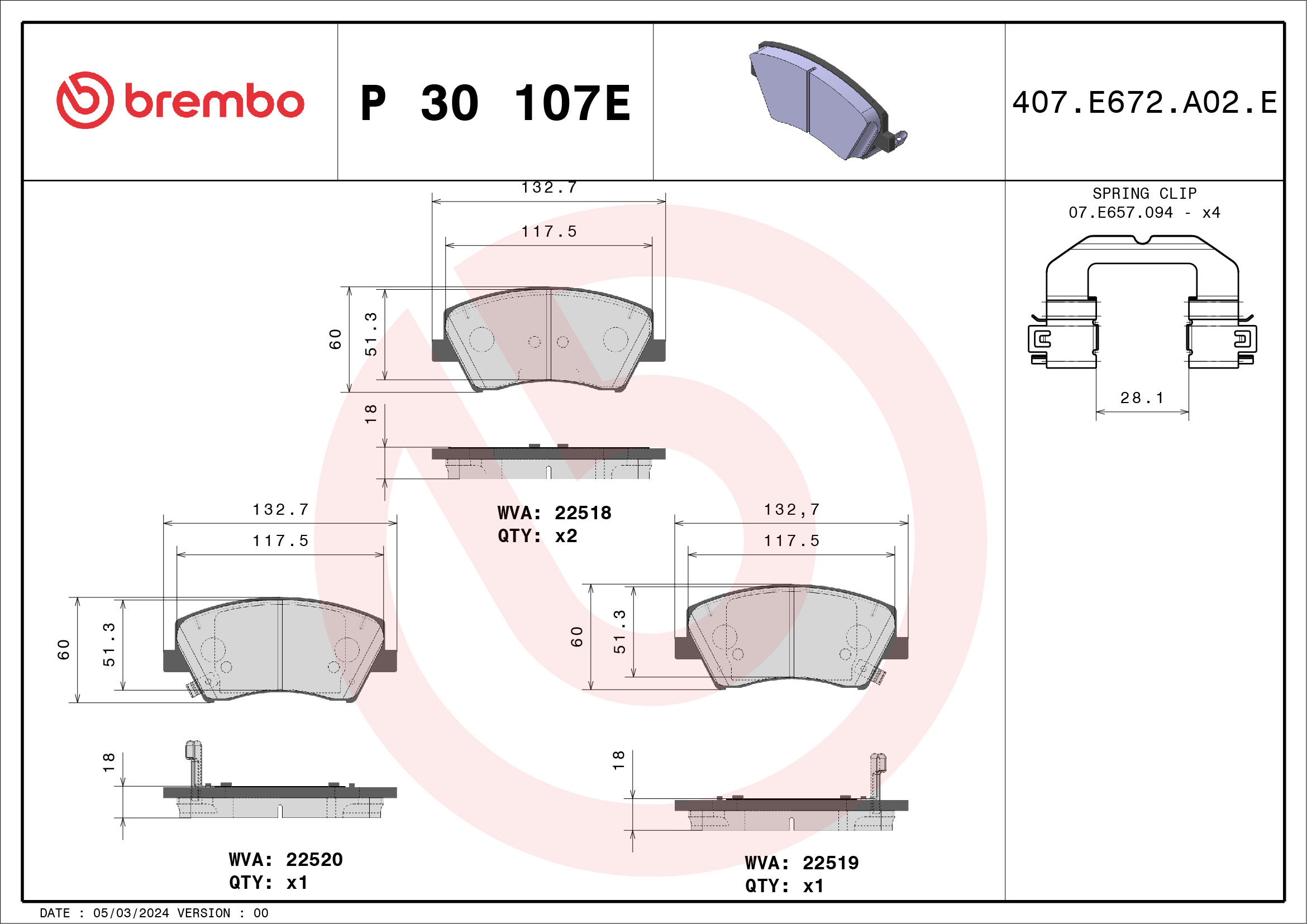 Brake Pad Set, disc brake - P 30 107E BREMBO