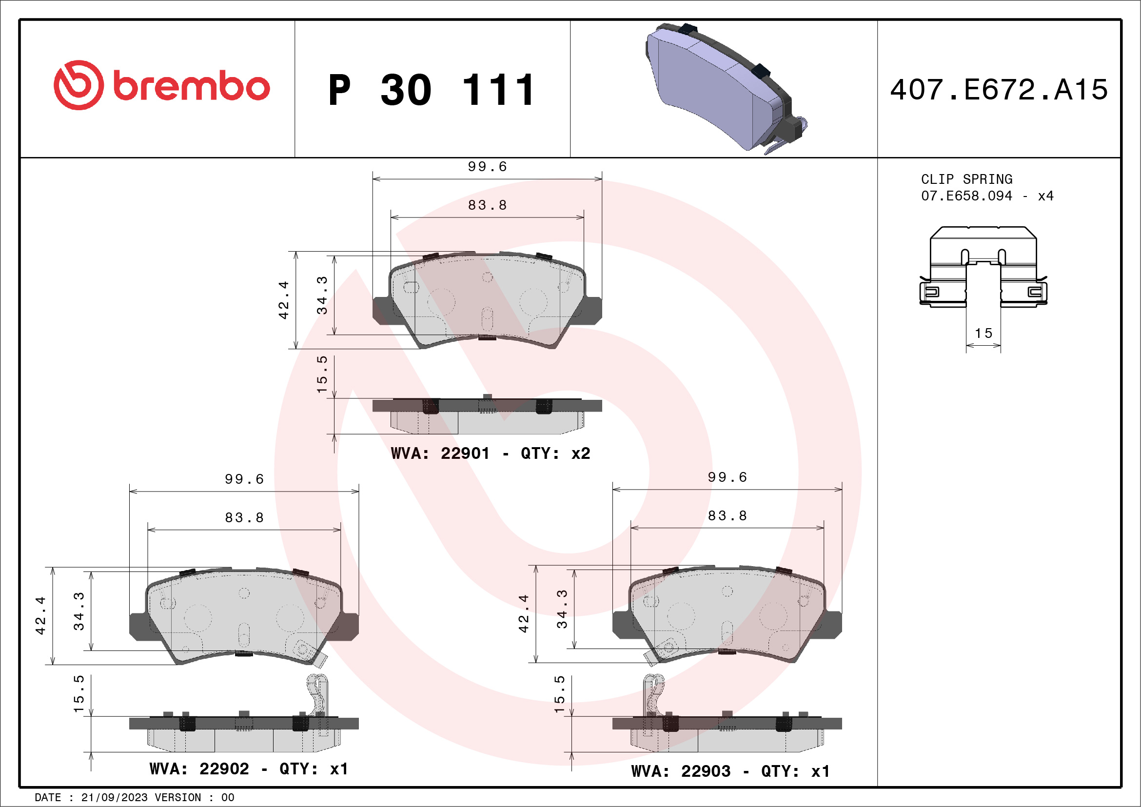Kit pastiglie freno, Freno a disco - P 30 111 BREMBO