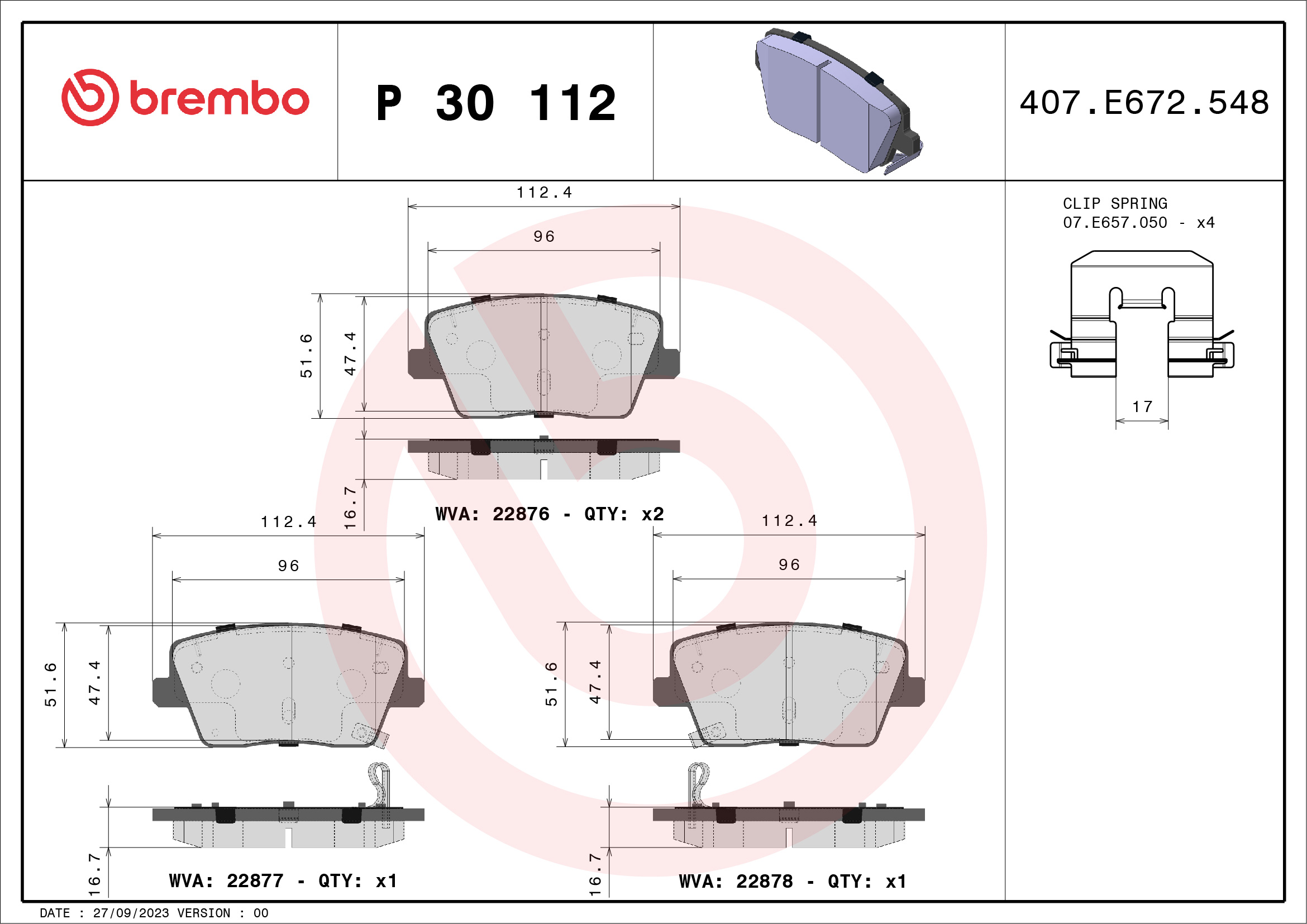 Brake Pad Set, disc brake - P 30 112 BREMBO