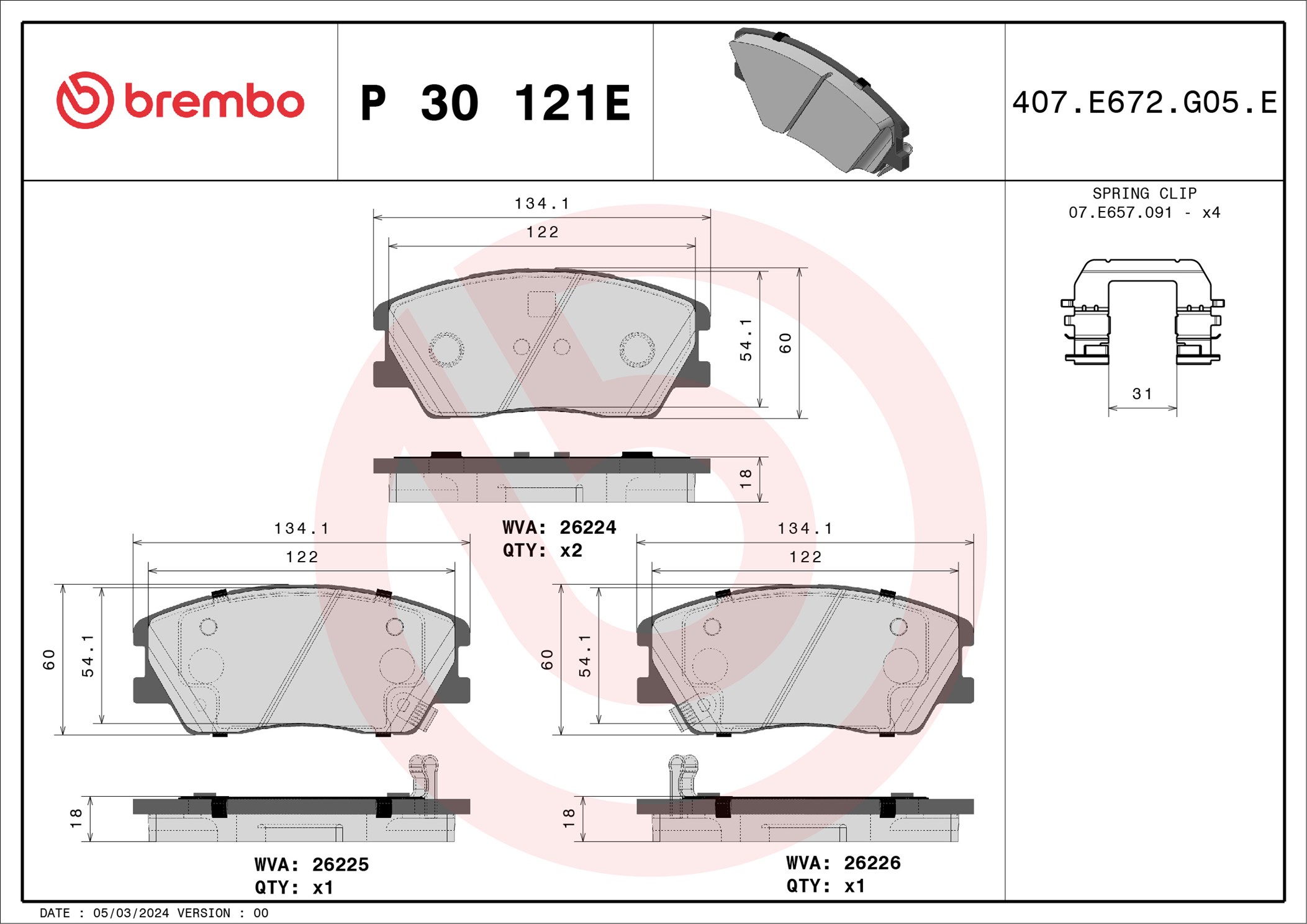 Brake Pad Set, disc brake - P 30 121E BREMBO