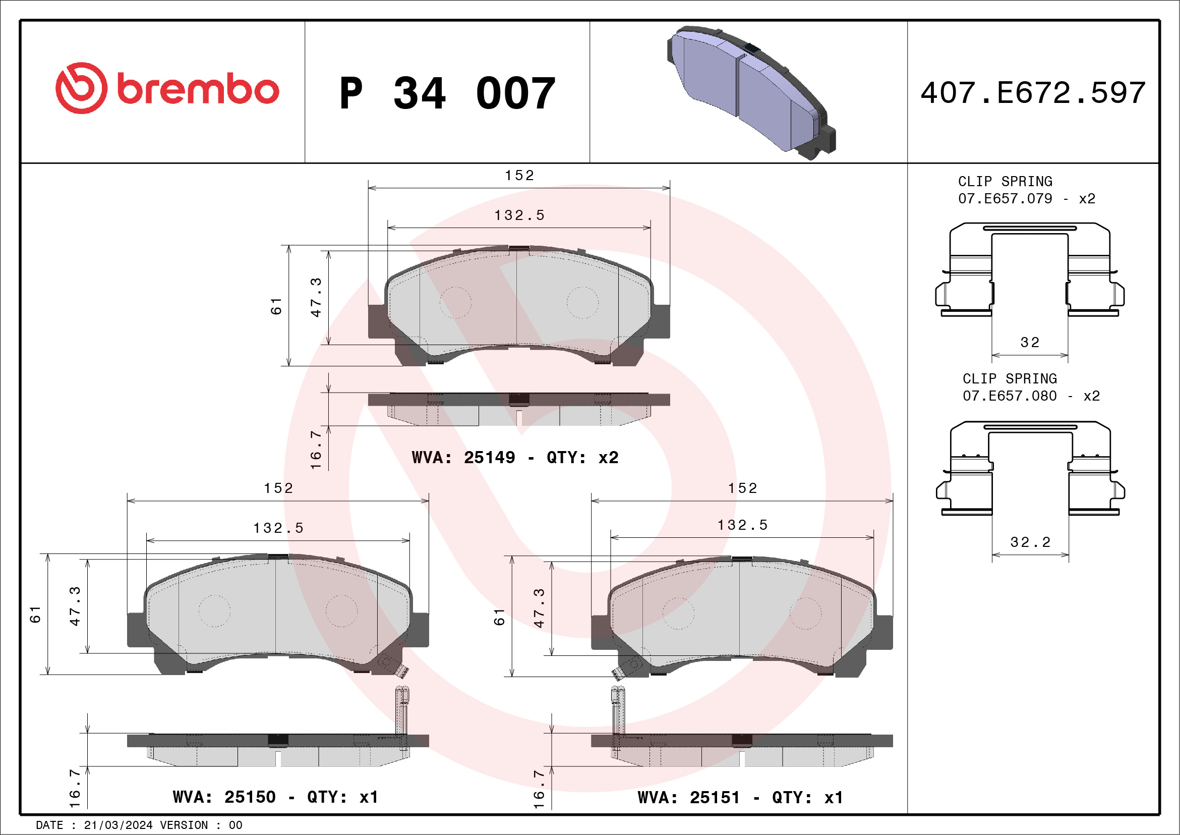 Kit pastiglie freno, Freno a disco - P 34 007 BREMBO