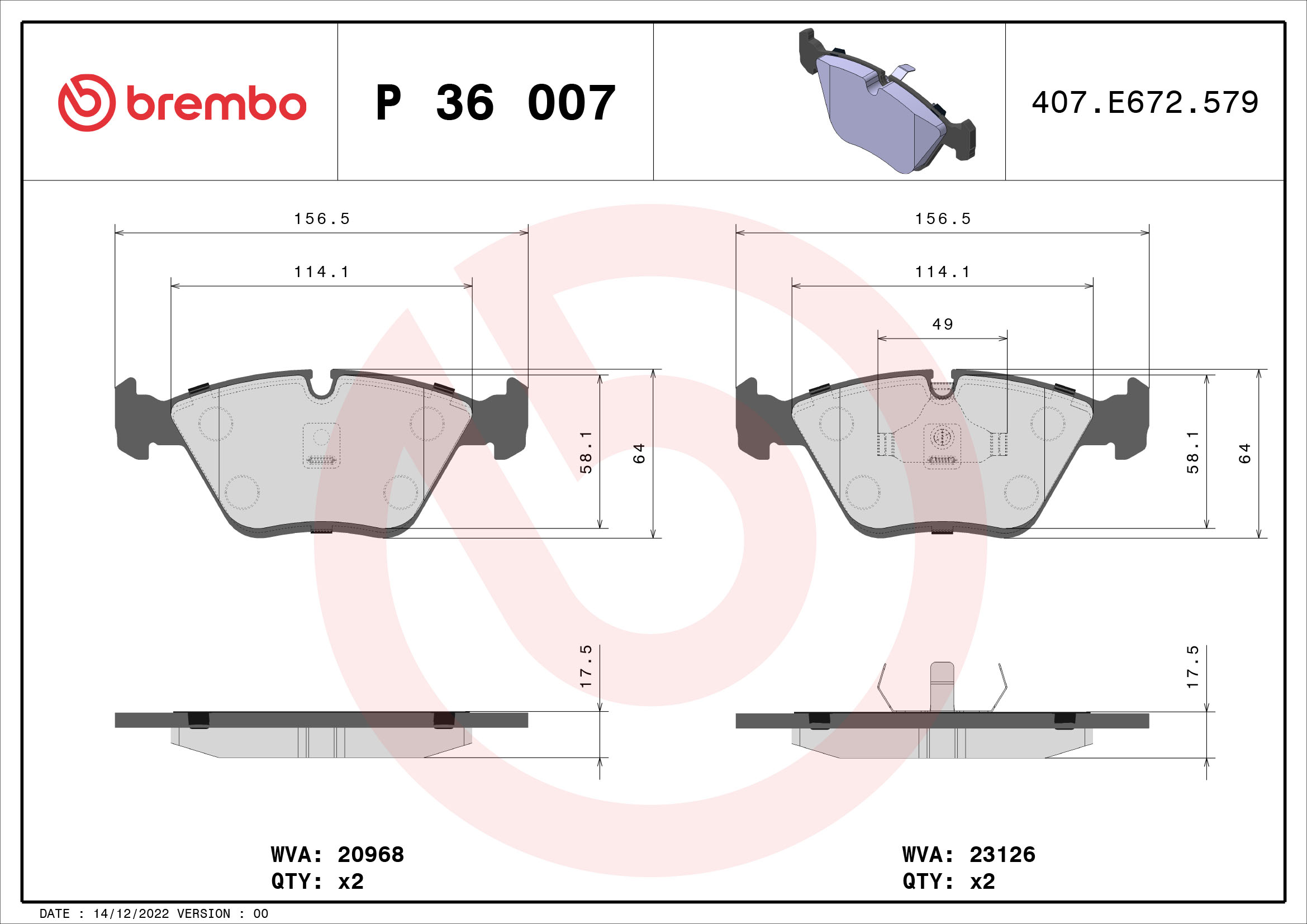 Brake Pad Set, disc brake - P 36 007 BREMBO