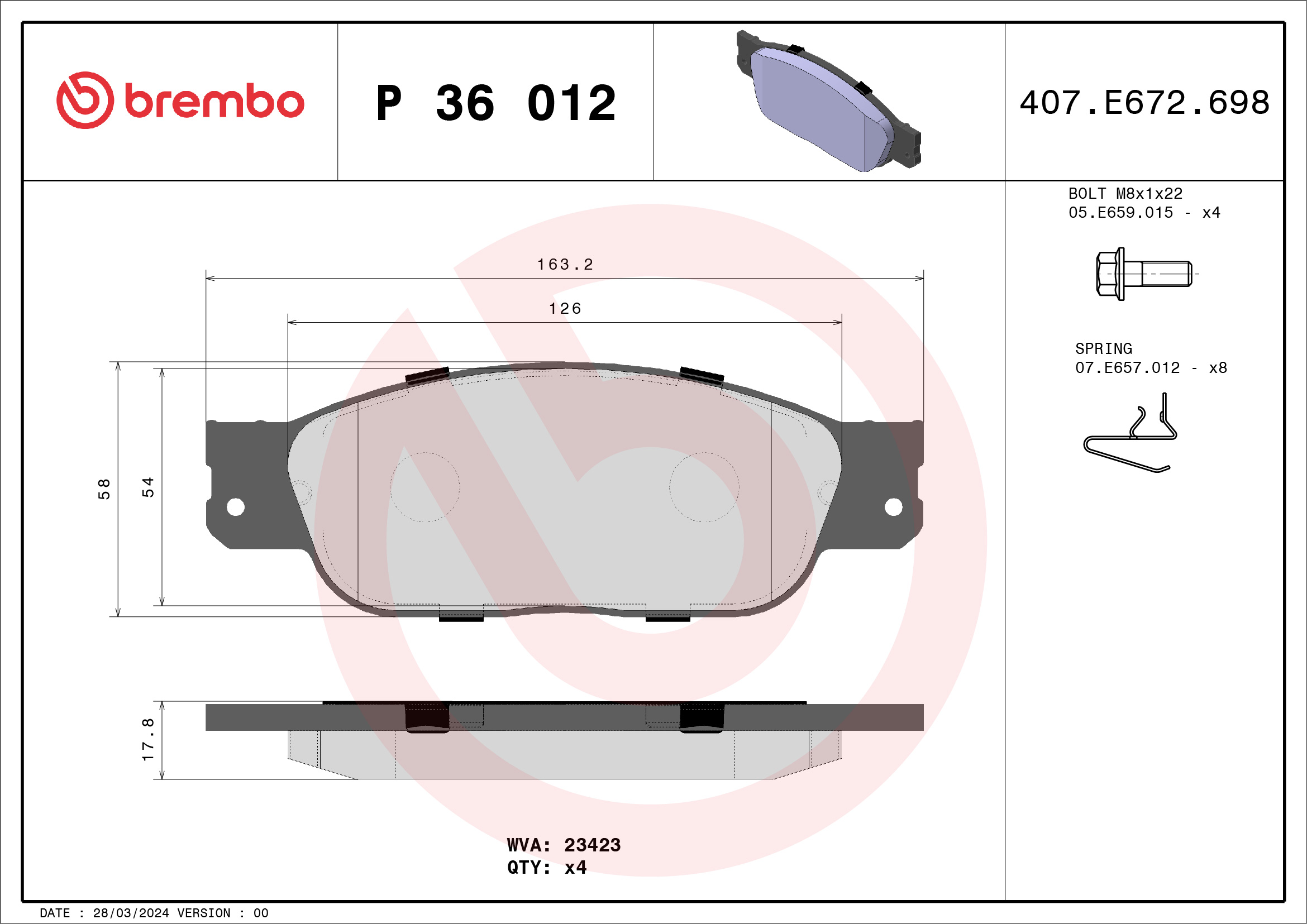 Bremsbelagsatz, Scheibenbremse - P 36 012 BREMBO