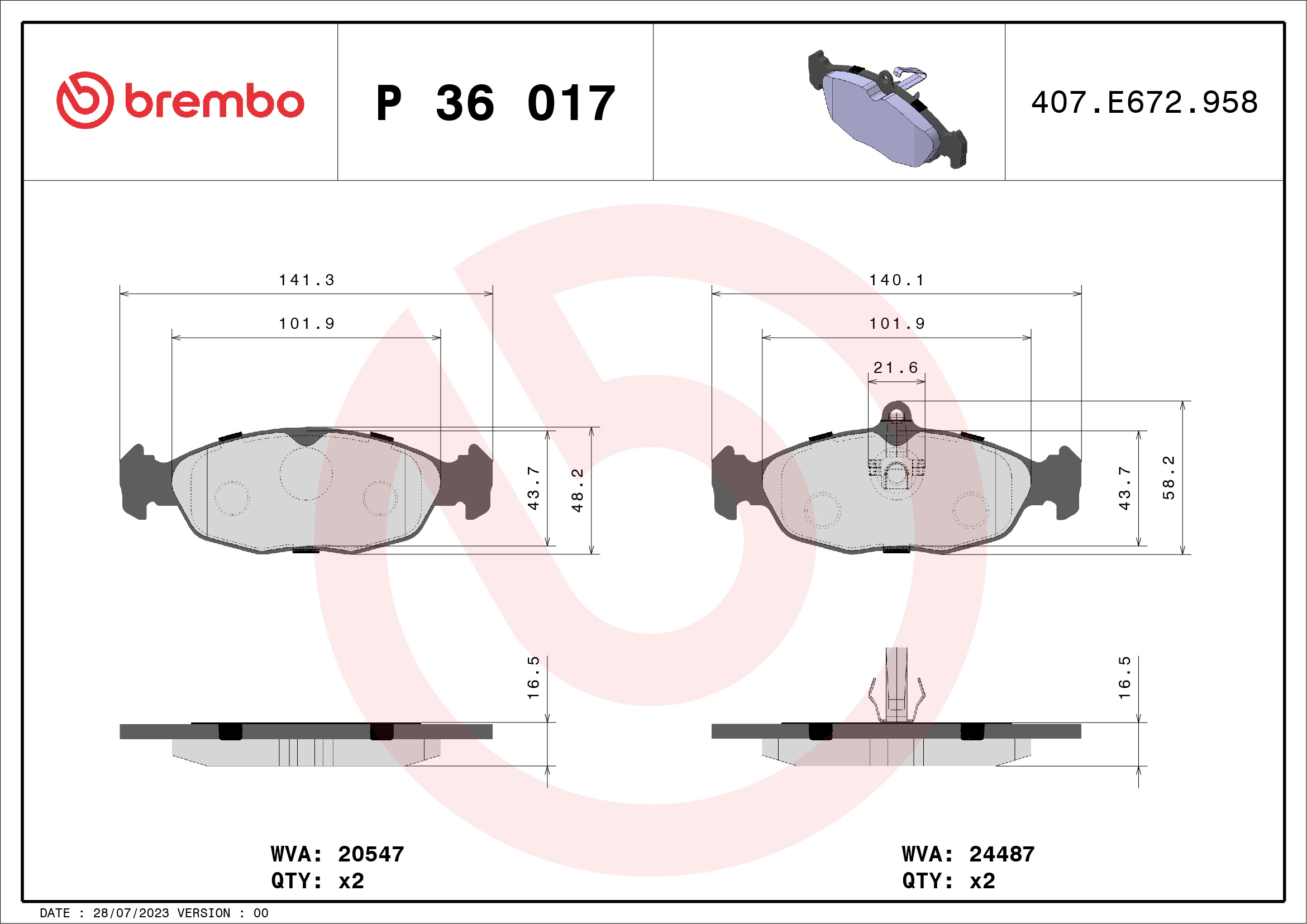 Kit pastiglie freno, Freno a disco - P 36 017 BREMBO