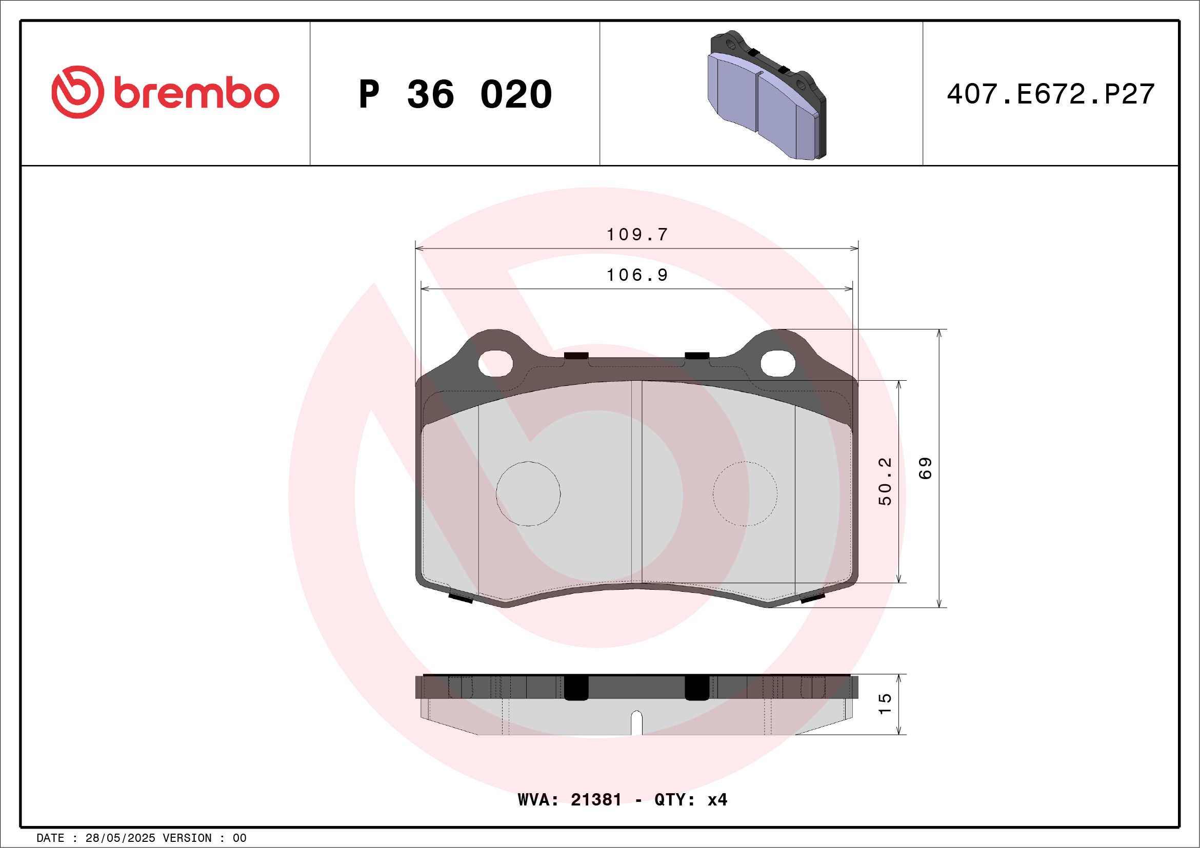 Brake Pad Set, disc brake - P 36 020 BREMBO