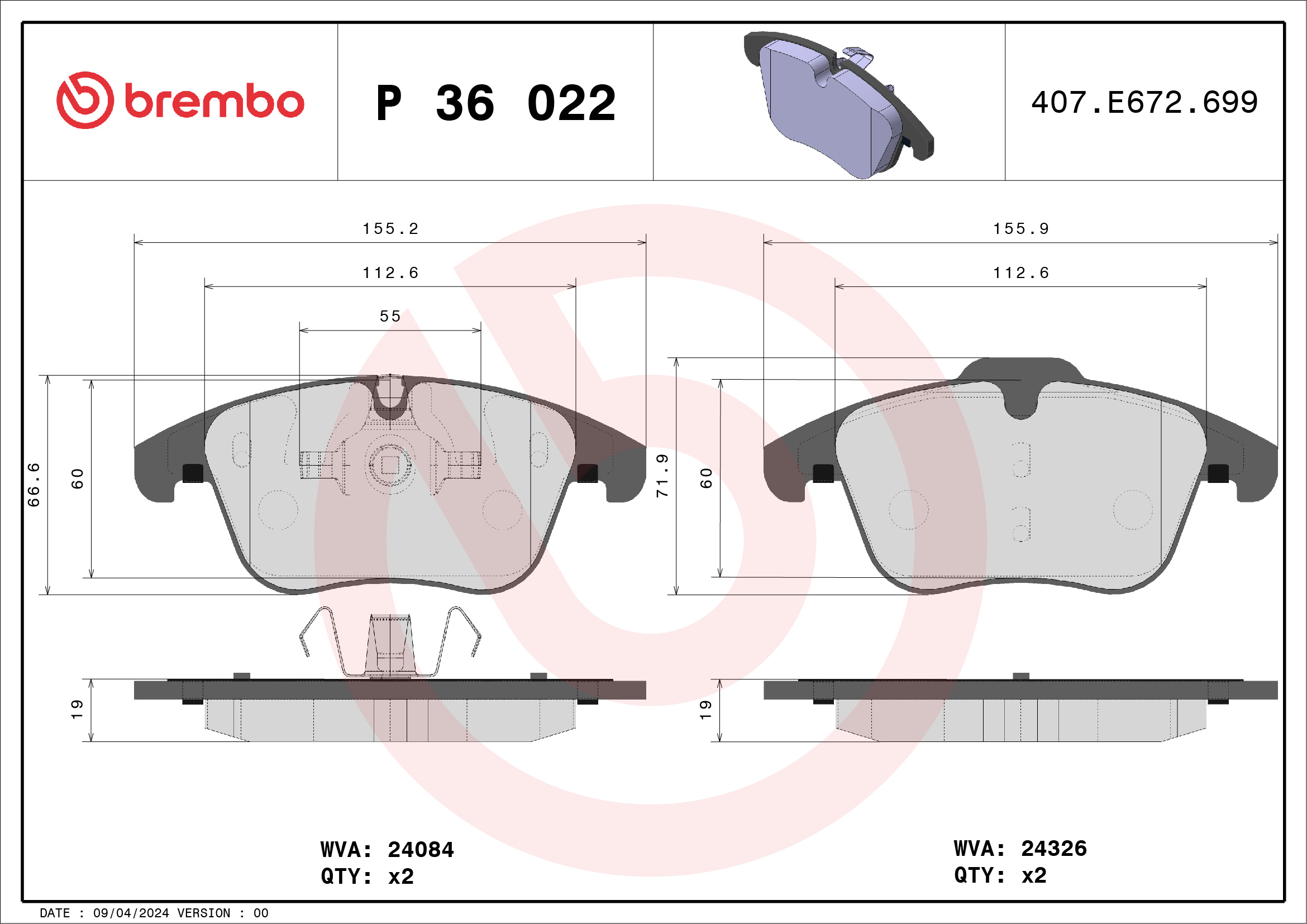 Brake Pad Set, disc brake - P 36 022 BREMBO