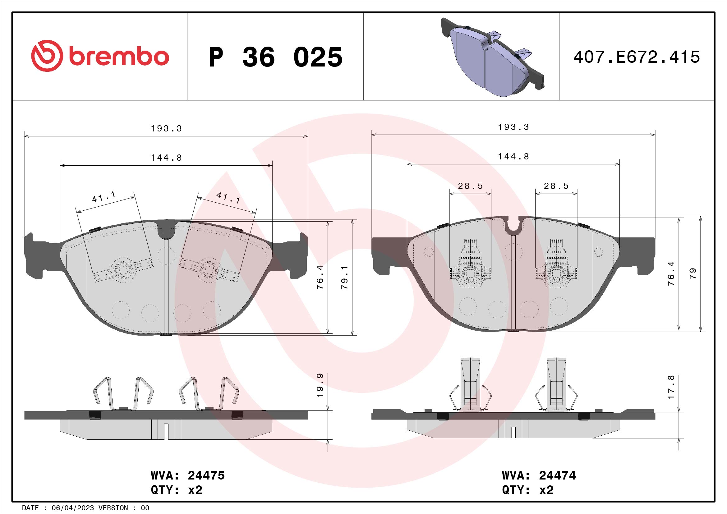 Brake Pad Set, disc brake - P 36 025 BREMBO