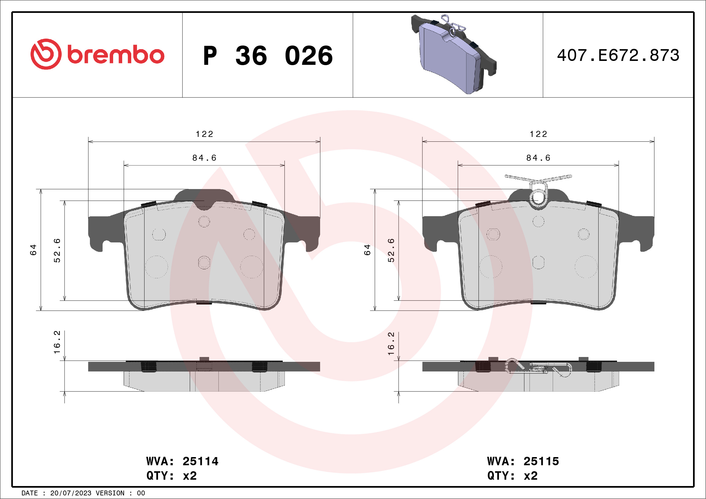 stabdžių trinkelių rinkinys, diskinis stabdys - P 36 026 BREMBO