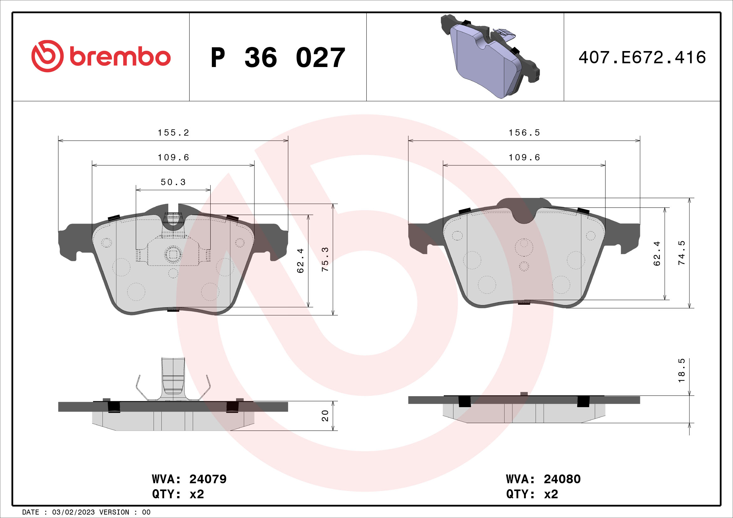 Brake Pad Set, disc brake - P 36 027 BREMBO