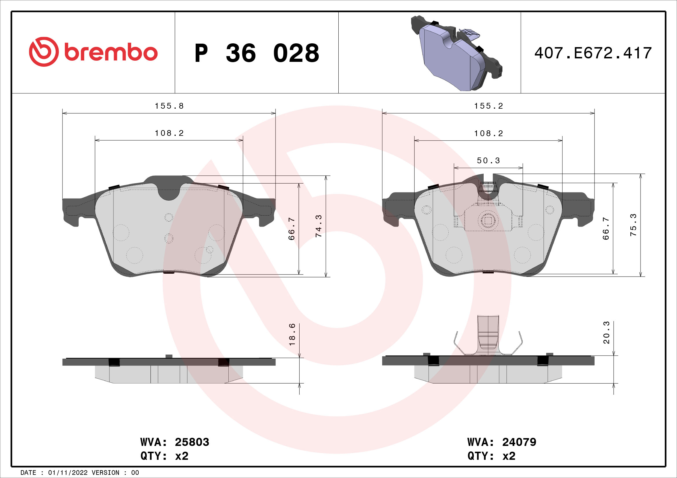 Brake Pad Set, disc brake - P 36 028 BREMBO