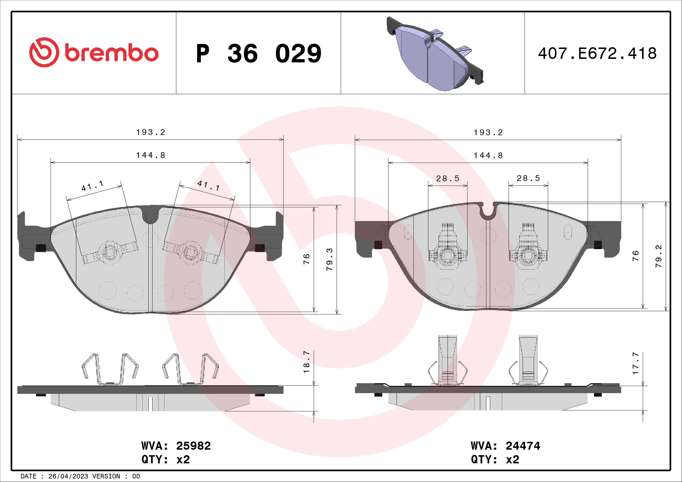 Brake Pad Set, disc brake - P 36 029 BREMBO