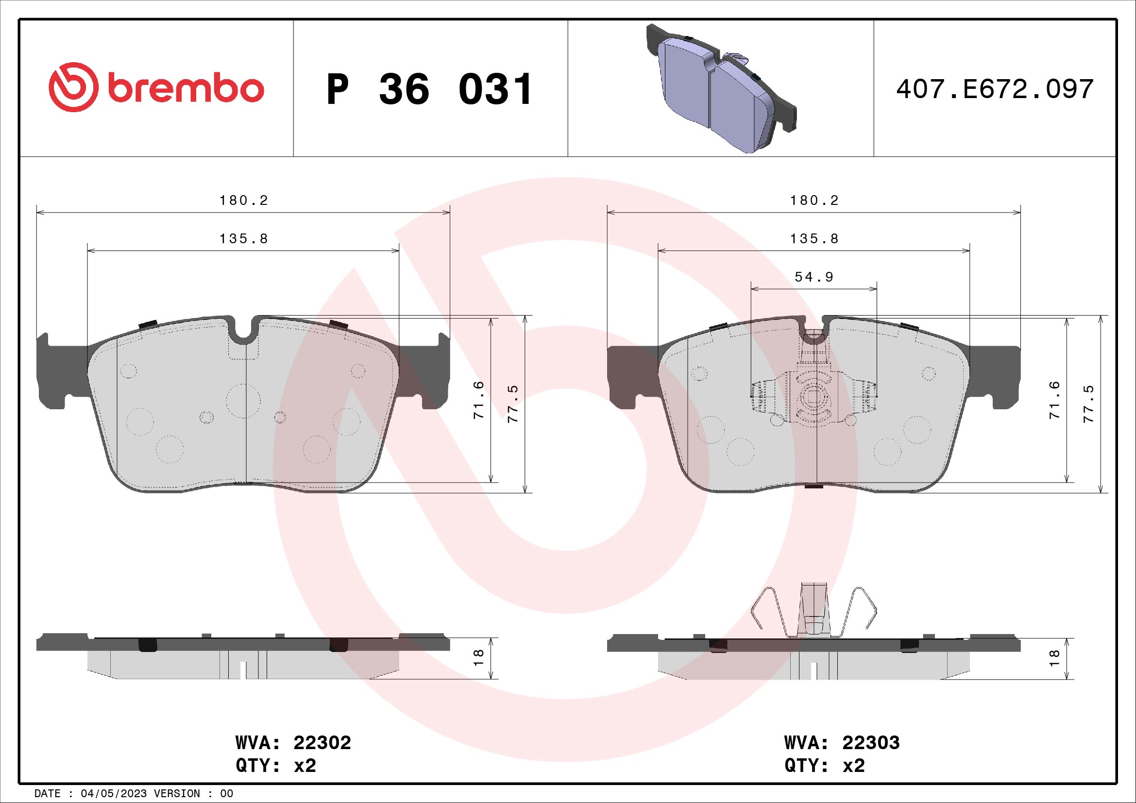 Brake Pad Set, disc brake - P 36 031 BREMBO
