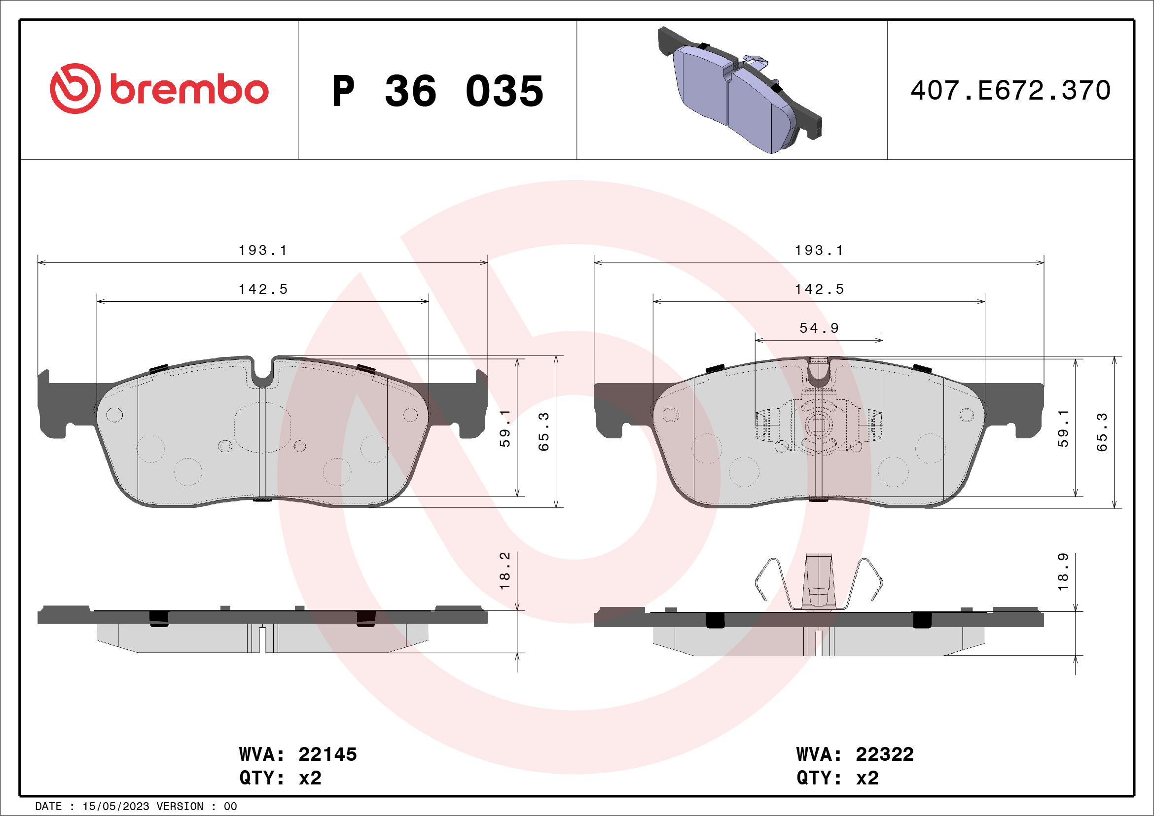 Brake Pad Set, disc brake - P 36 035 BREMBO