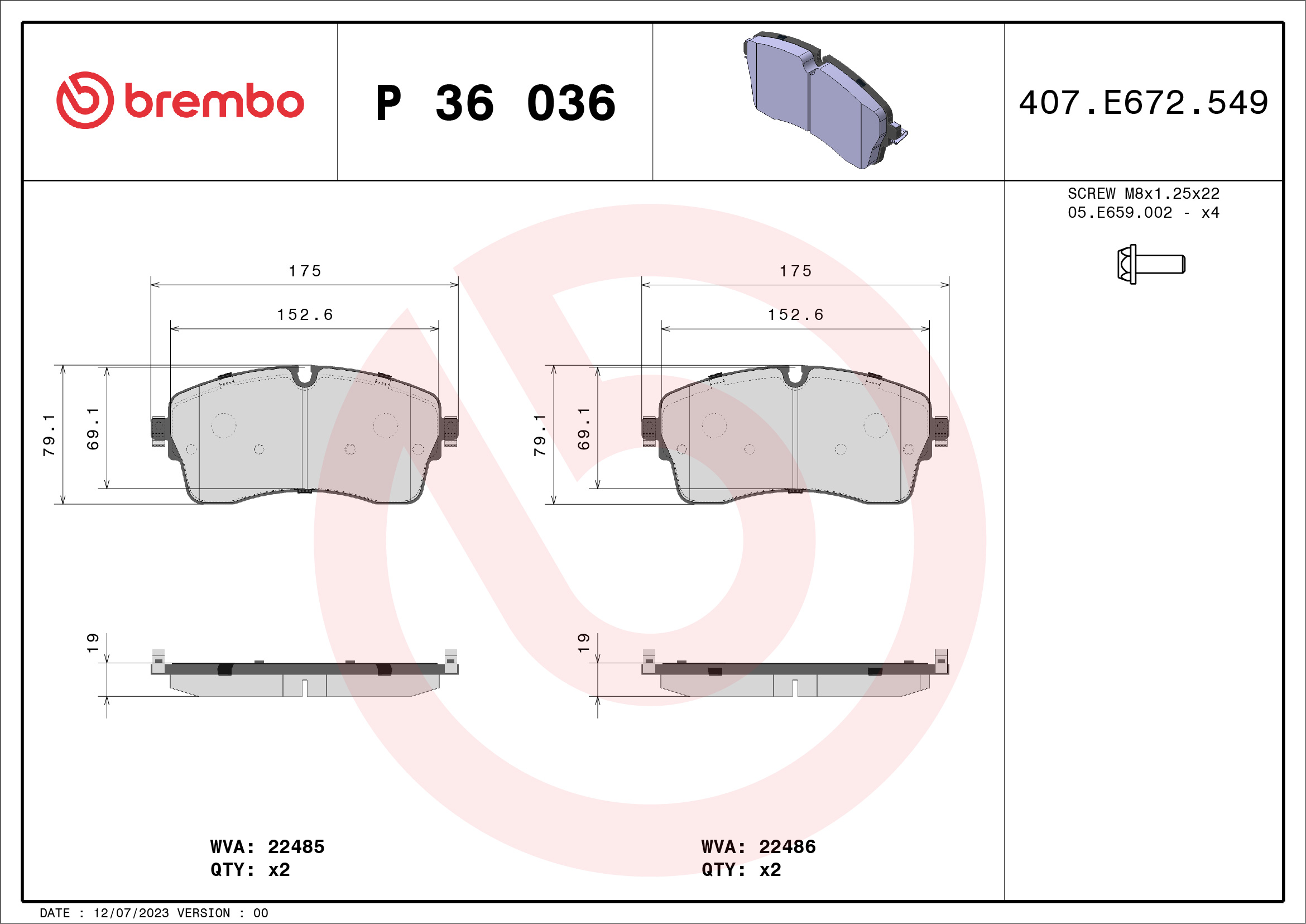 Brake Pad Set, disc brake - P 36 036 BREMBO