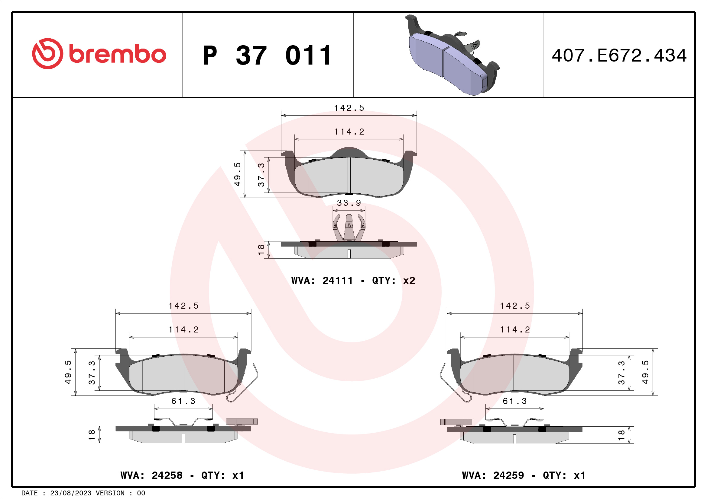 Kit pastiglie freno, Freno a disco - P 37 011 BREMBO