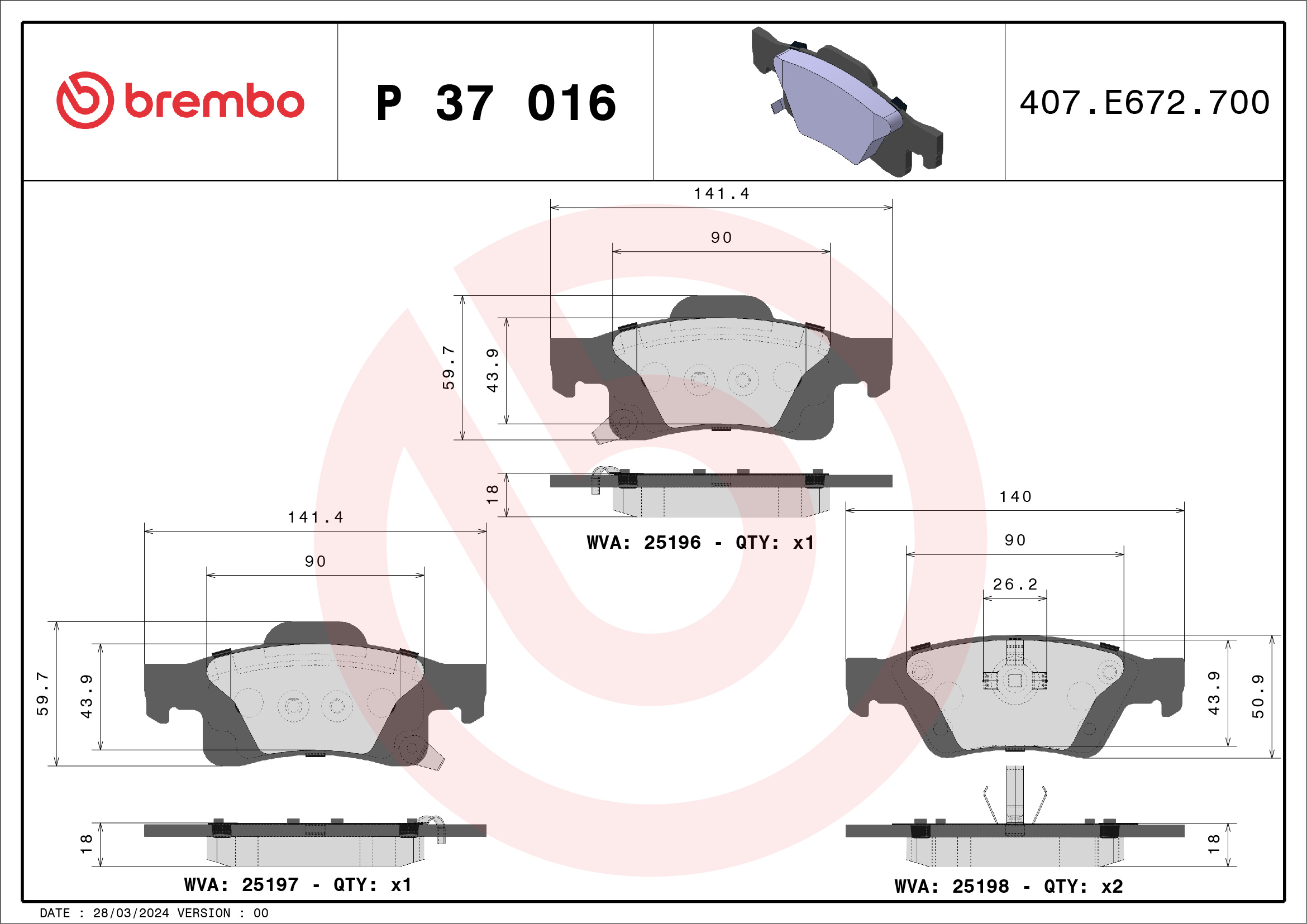 Brake Pad Set, disc brake - P 37 016 BREMBO