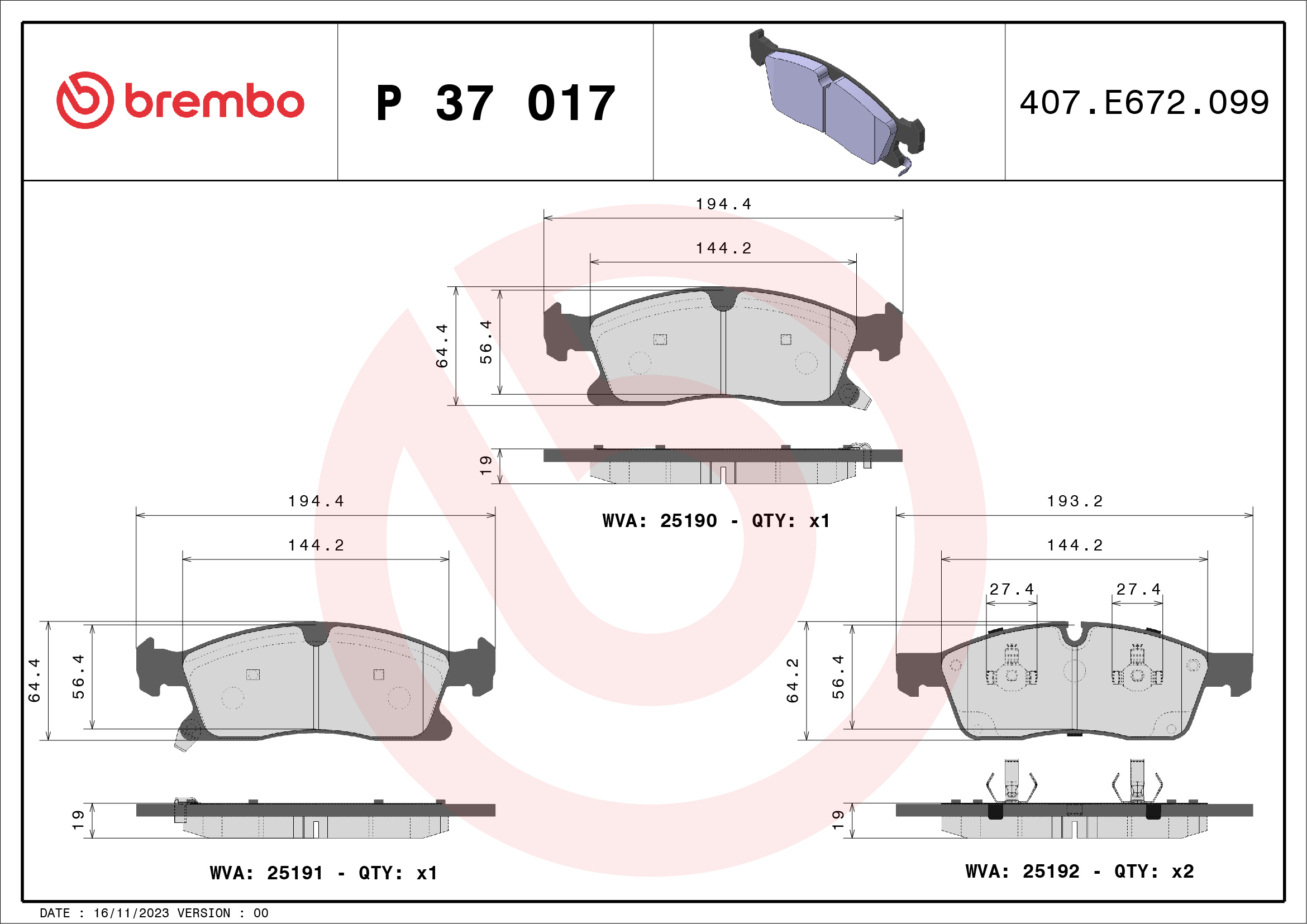 Kit pastiglie freno, Freno a disco - P 37 017 BREMBO