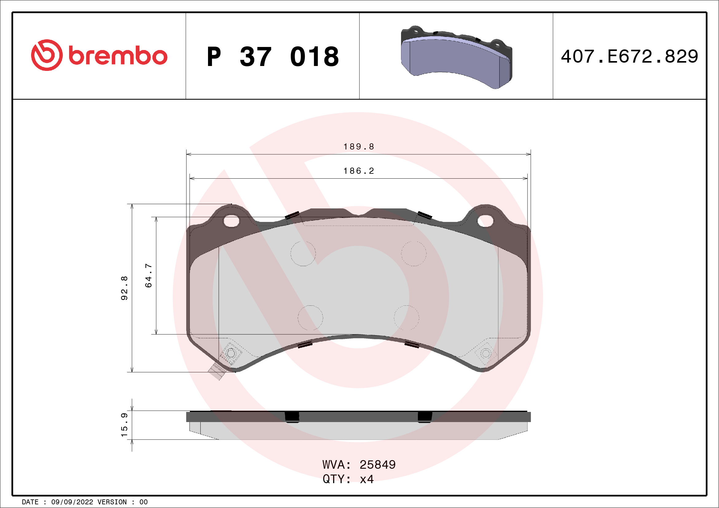 Brake Pad Set, disc brake - P 37 018 BREMBO