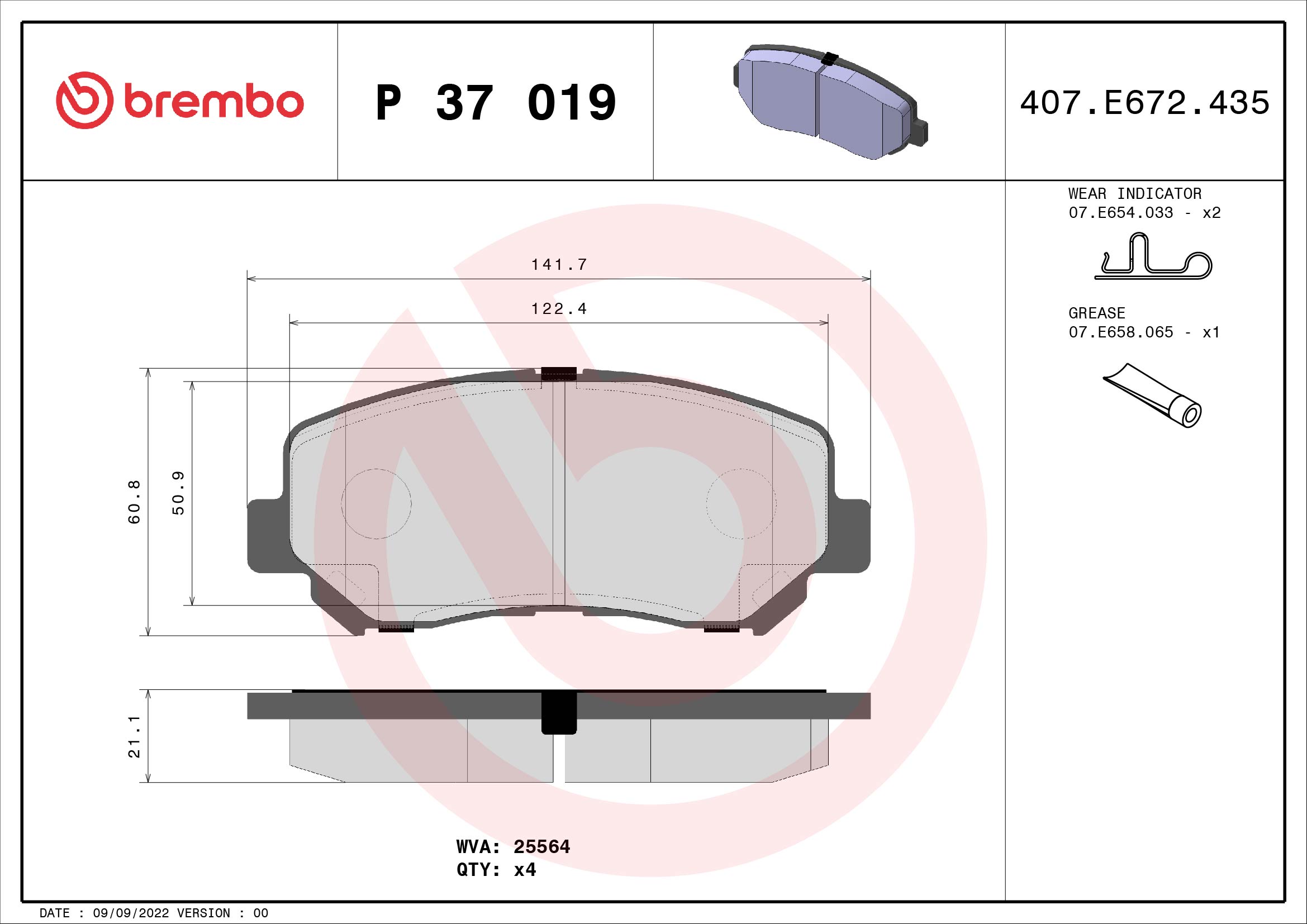 Brake Pad Set, disc brake - P 37 019 BREMBO