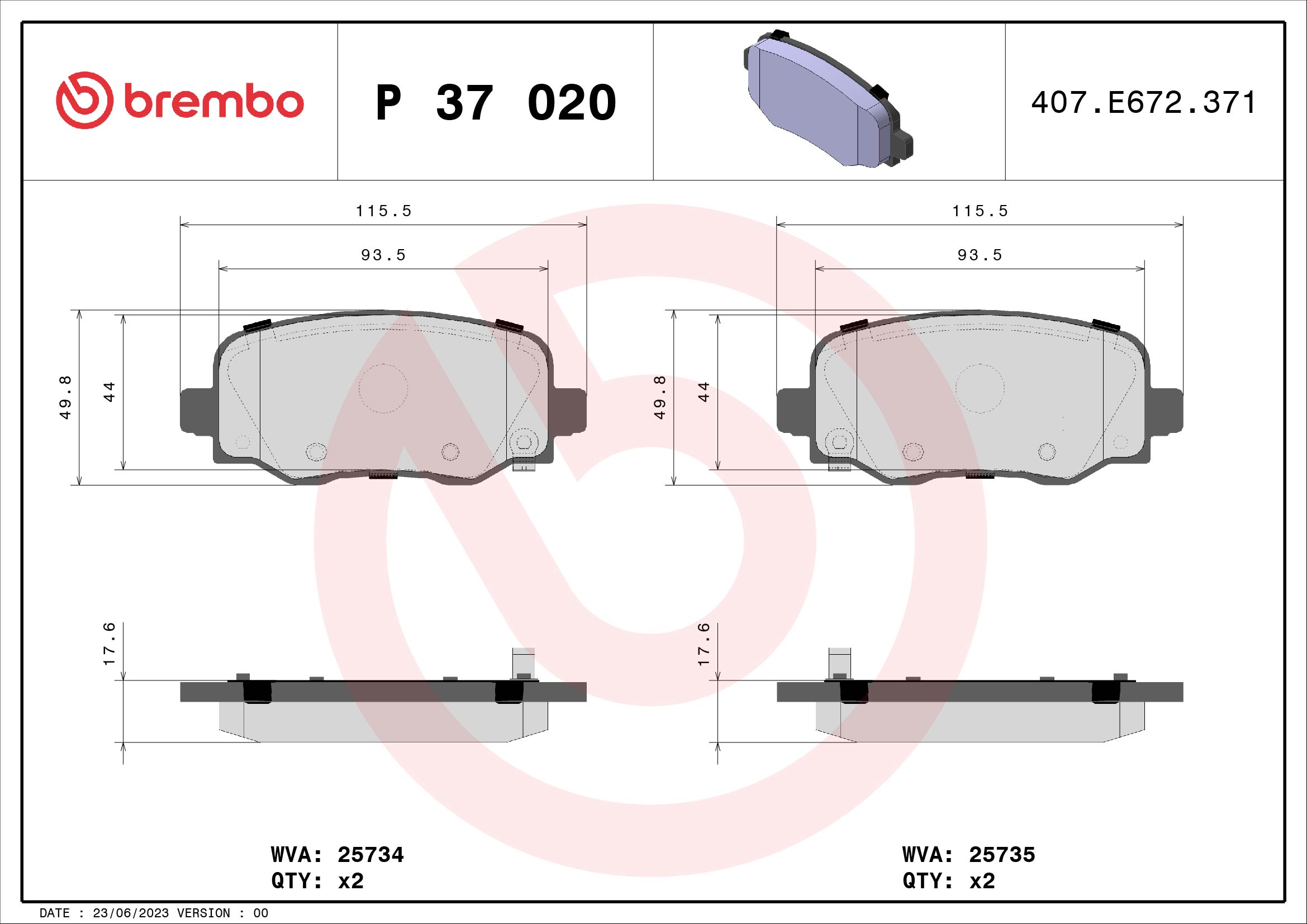 Комплект тормозных колодок, дисковый тормоз - P 37 020 BREMBO