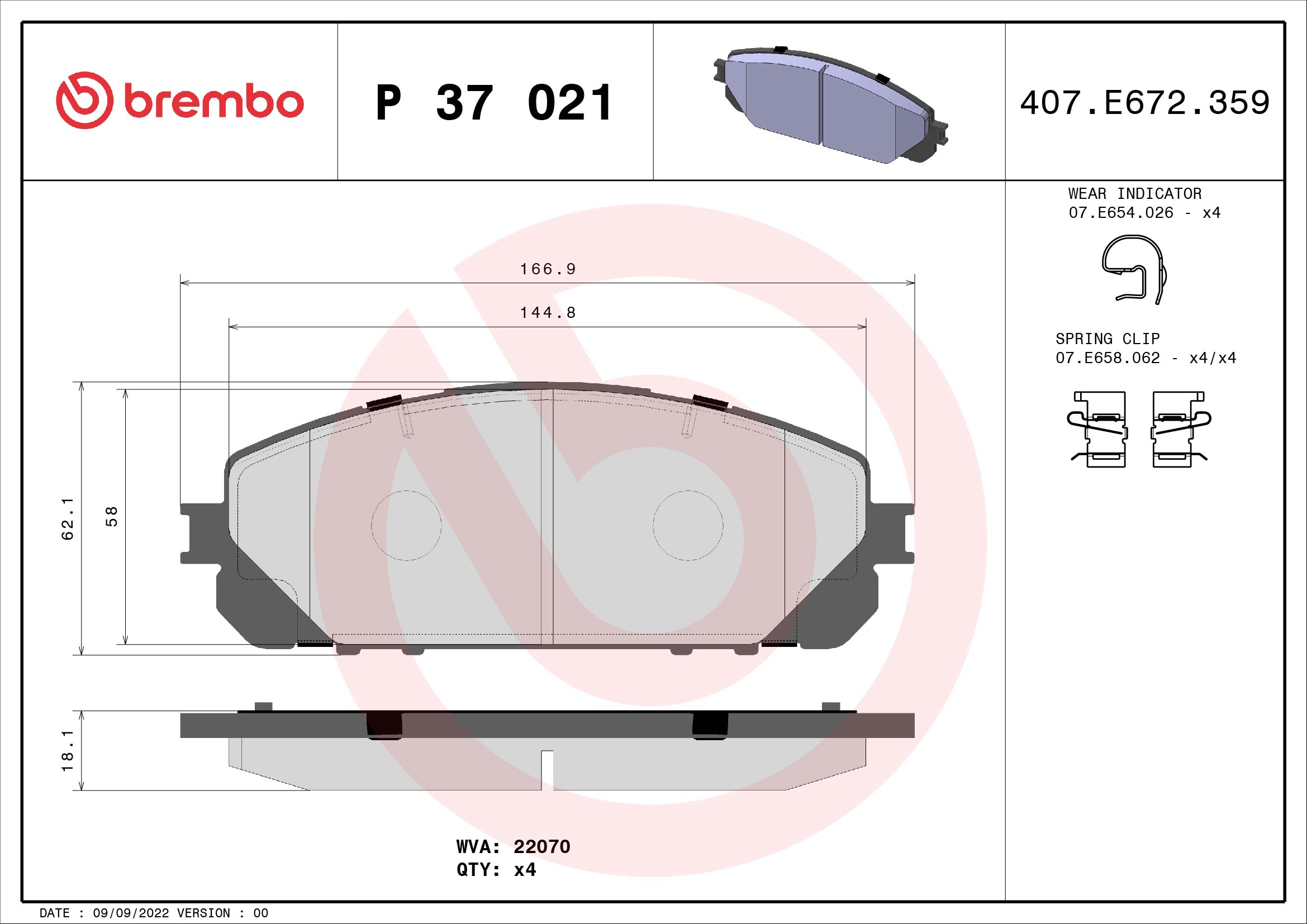 Комплект тормозных колодок, дисковый тормоз - P 37 021 BREMBO