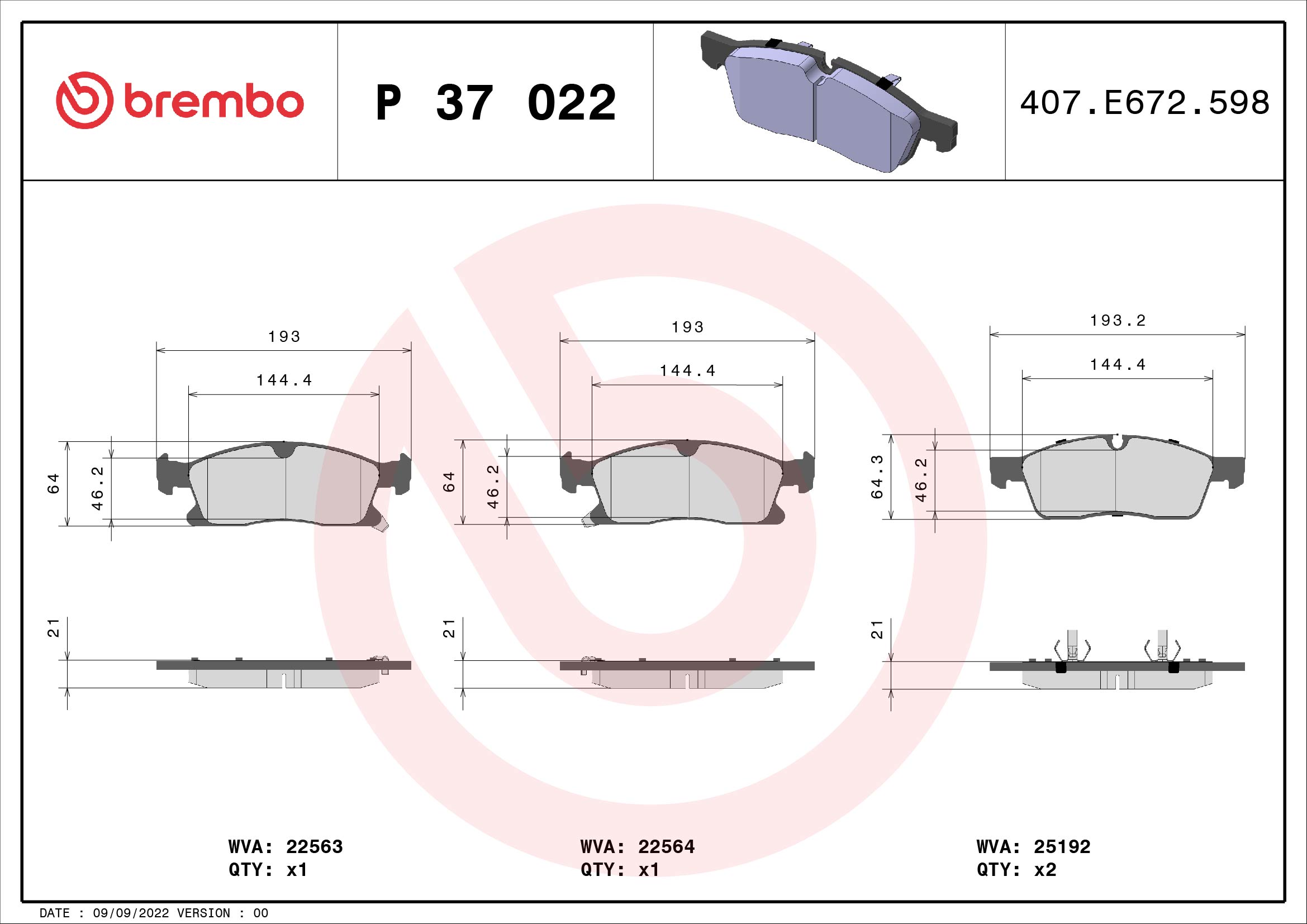 Brake Pad Set, disc brake - P 37 022 BREMBO