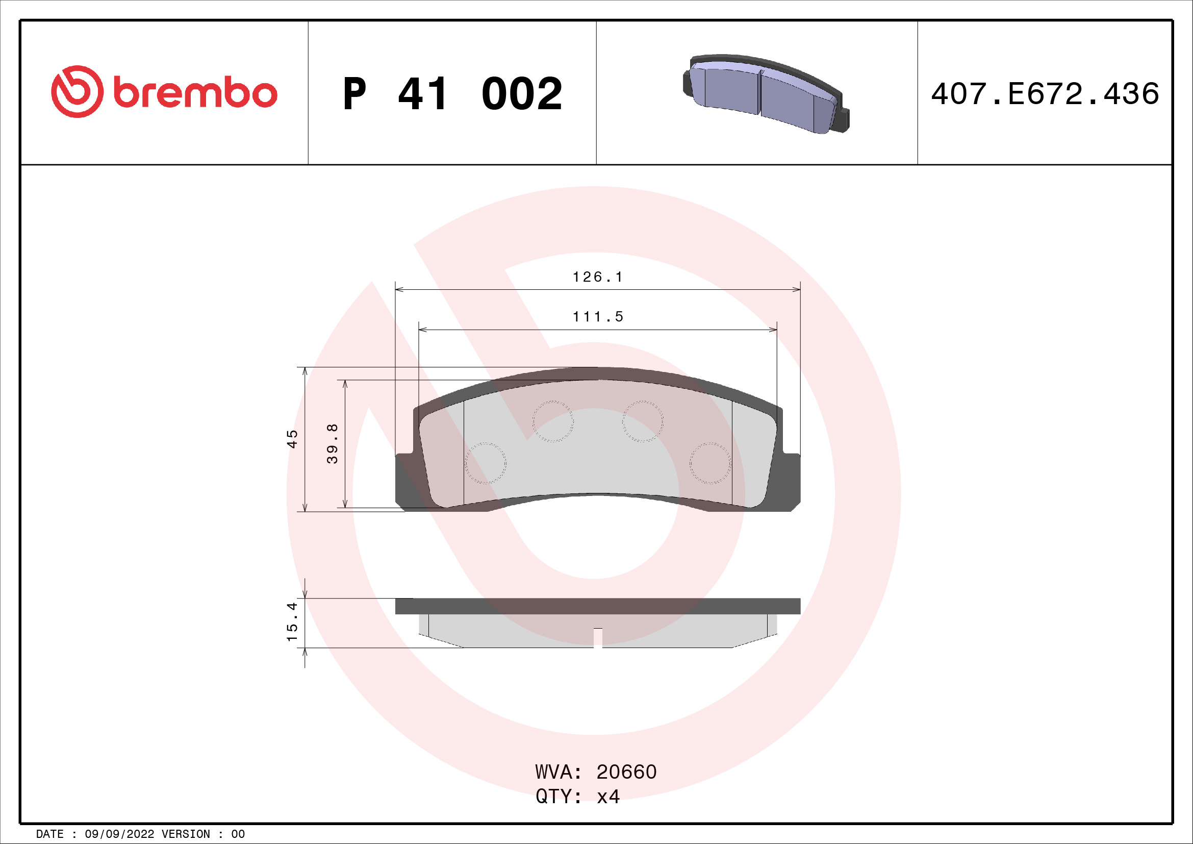 stabdžių trinkelių rinkinys, diskinis stabdys - P 41 002 BREMBO