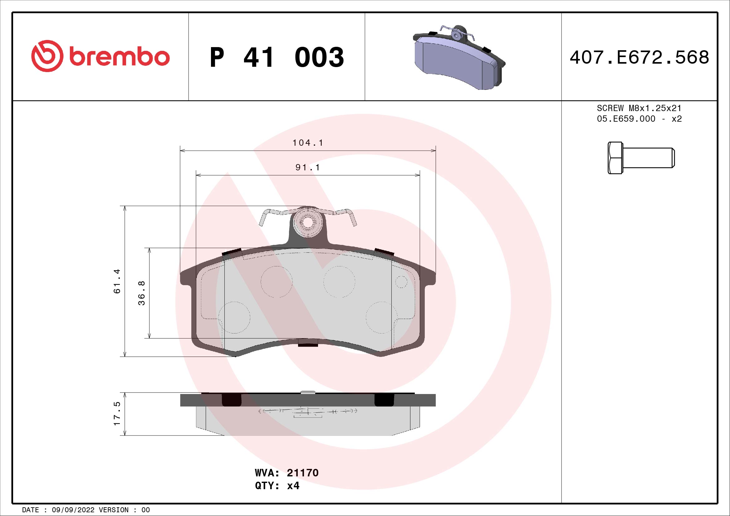 Kit pastiglie freno, Freno a disco - P 41 003 BREMBO