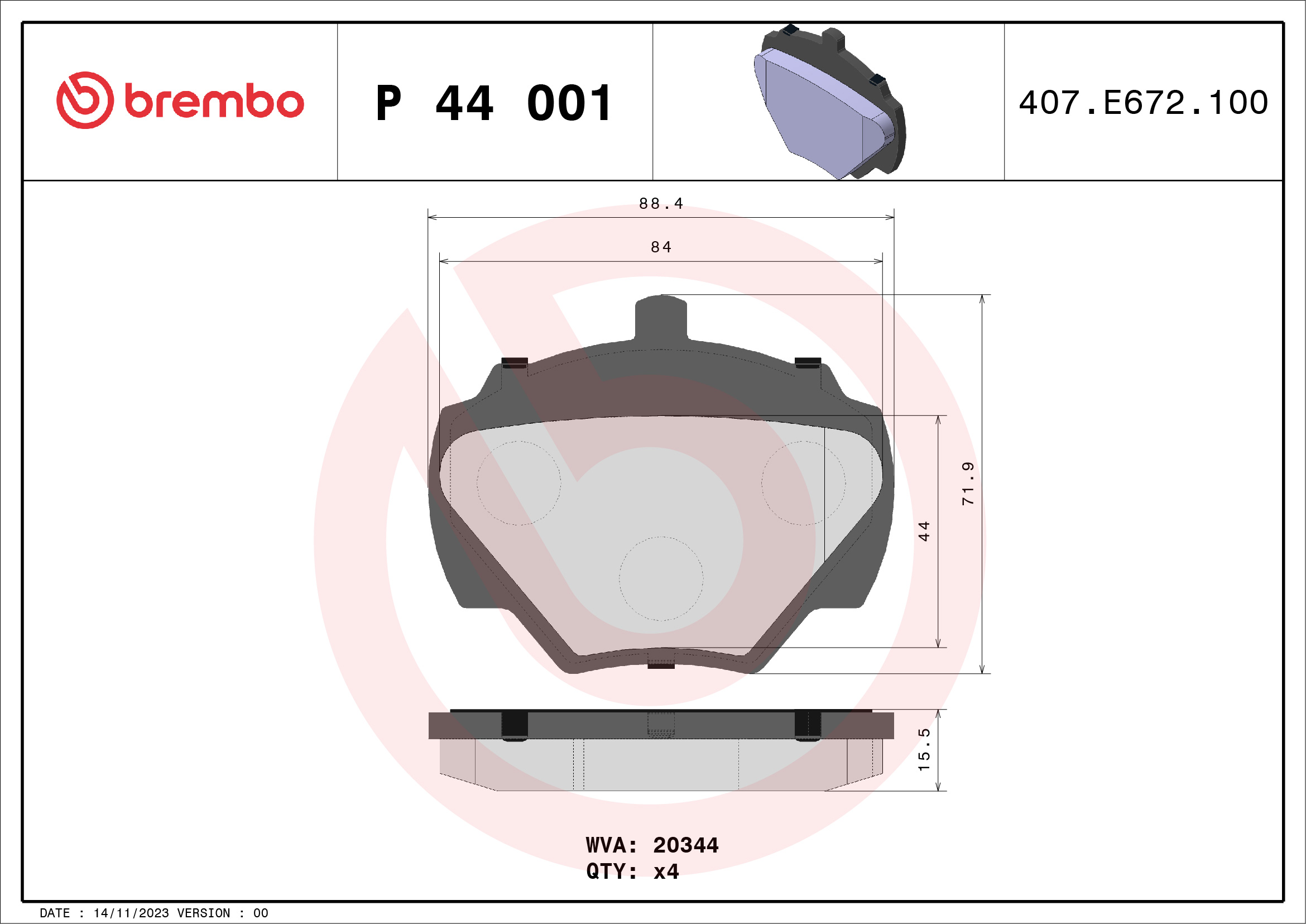 Brake Pad Set, disc brake - P 44 001 BREMBO