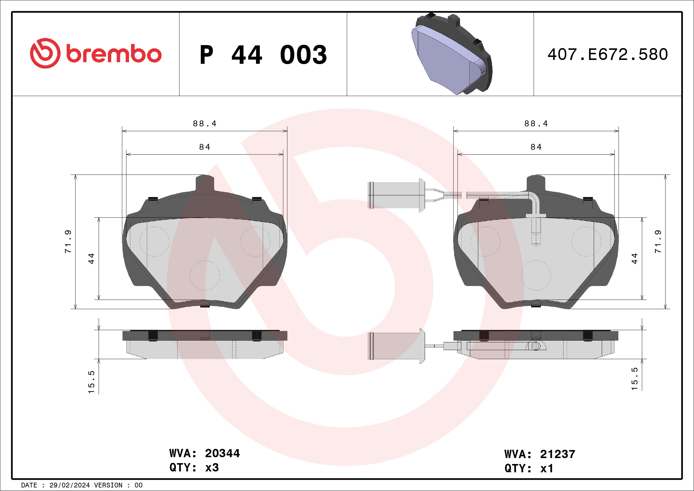Brake Pad Set, disc brake - P 44 003 BREMBO